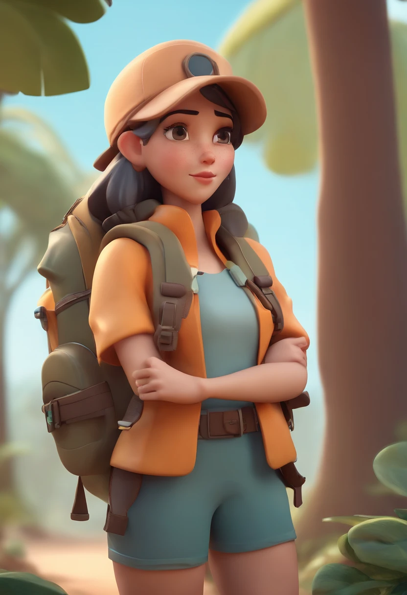 Character sheet of a cartoon character in a hat and backpack, explorador feminino mini menina bonito, Caminhando no deserto, selva de flores, animation style rendering, cute 3d rendering, Personagens pequenos. Motor Unreal 5, anime estilizado, arte digital detalhada bonito, Atey Ghailan 8 K, stylized 3d rendering, Surreal adventure rendering, Estilo anime 3D, 3d rendering stylized, multiple poses