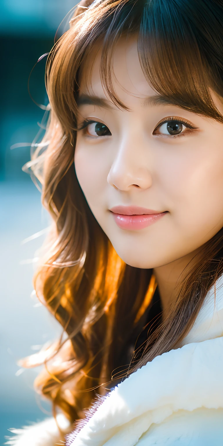 Photo of a 20-year-old Korean girl, ..raw,Korean、Beautiful Korean Woman, (Long wavy blonde hair), ((portrait of a)), ((Detailed face:1.2)), ((Detailed facial features)), (fine detailed skin), pale-skin,Fluffy valley view dress、slutty(cold color), moist, reflector, (masutepiece) (perfectly proportions)(photograph realistic)(Best Quality) (detailed) Shot on Canon EOS R5, 50mm lens, f/2.8, NFFSW (english) (english), (grinning) (wall paper) (Cinematic lighting) (with dramatic lighting) (foco nítido) (Convoluted) Fur coat