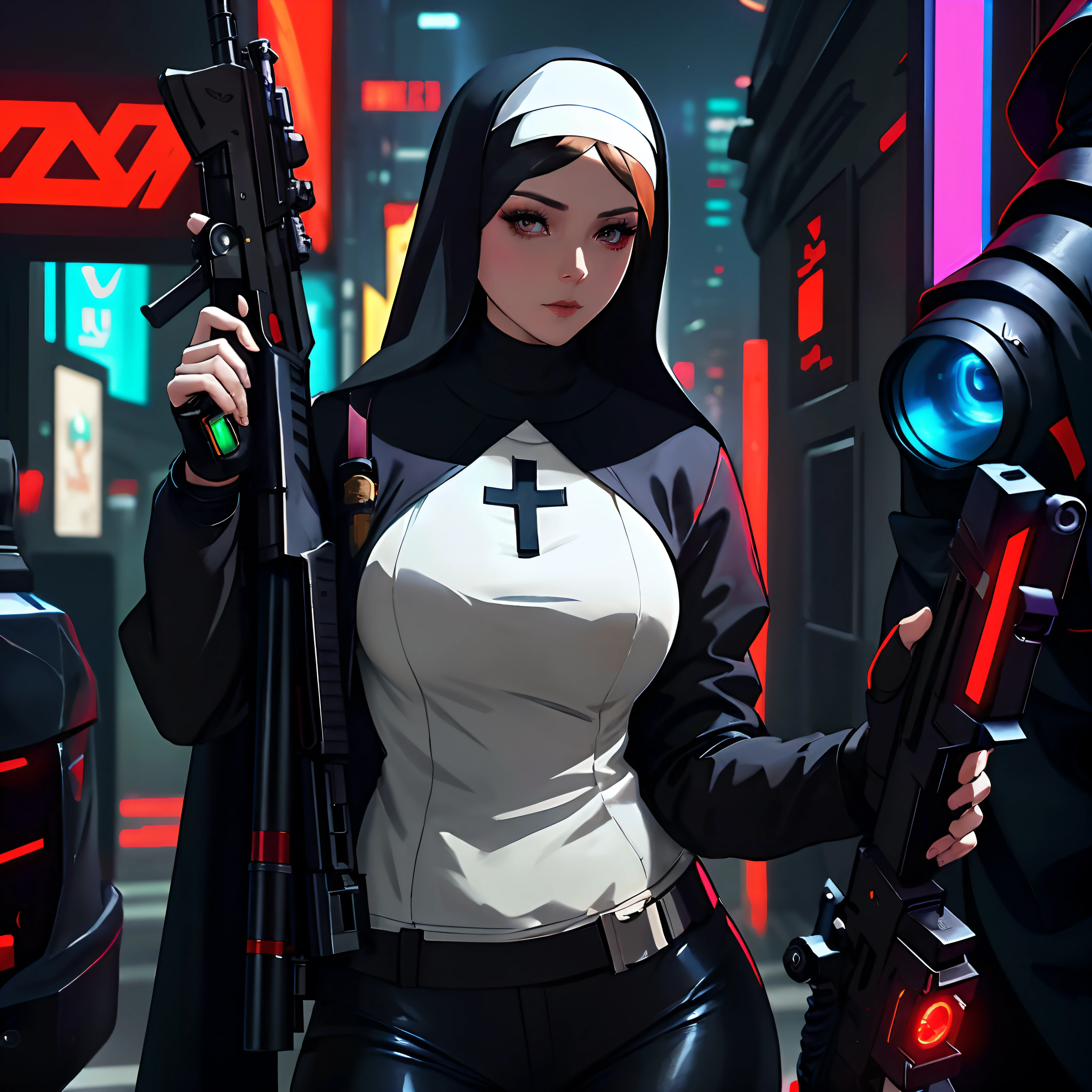 nun with gun and mask on holding rifle in hand, cyberpunk nun warrior, nun fashion model, nun outfit, nun, realistic cosplay, orthodox cyberpunk, cosplay, professional cosplay, anime cosplay, wojtek fus, 2b, 2 b, biblical female android, cosplay photo, an evil nun, anime girl cosplay, artwork in the style of guweiz, as overwatch character