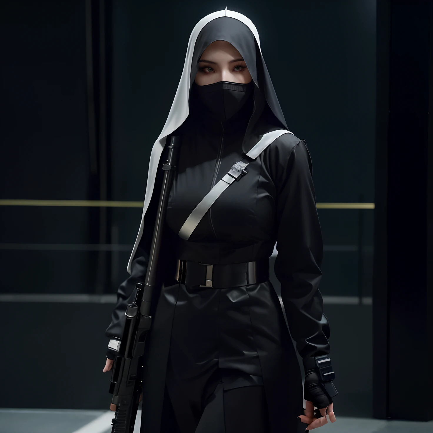 nun with gun and mask on holding rifle in hand, cyberpunk nun warrior, nun fashion model, nun outfit, nun, realistic cosplay, orthodox cyberpunk, cosplay, professional cosplay, anime cosplay, wojtek fus, 2b, 2 b, biblical female android, cosplay photo, an evil nun, anime girl cosplay, artwork in the style of guweiz, as overwatch character