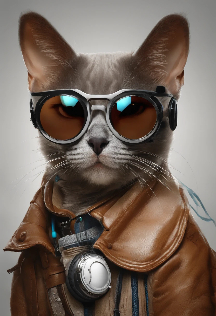 Perfect centralization, Um gatinho bonito por toda parte, Use uma jaqueta de estudante, wearing sunglasses, Usando fones de ouvido, Standing position, beleza abstrata, Centrado, looking at the camera, Facing the camera, nearing perfection, Dynamic, luar, altamente detalhado, pintura digital, art stations, Conceito-Arte, liso, foco nítido, 8k, high-definition resolution, illustration, arte de Carne Griffiths e Wadim Kashin, fundo branco