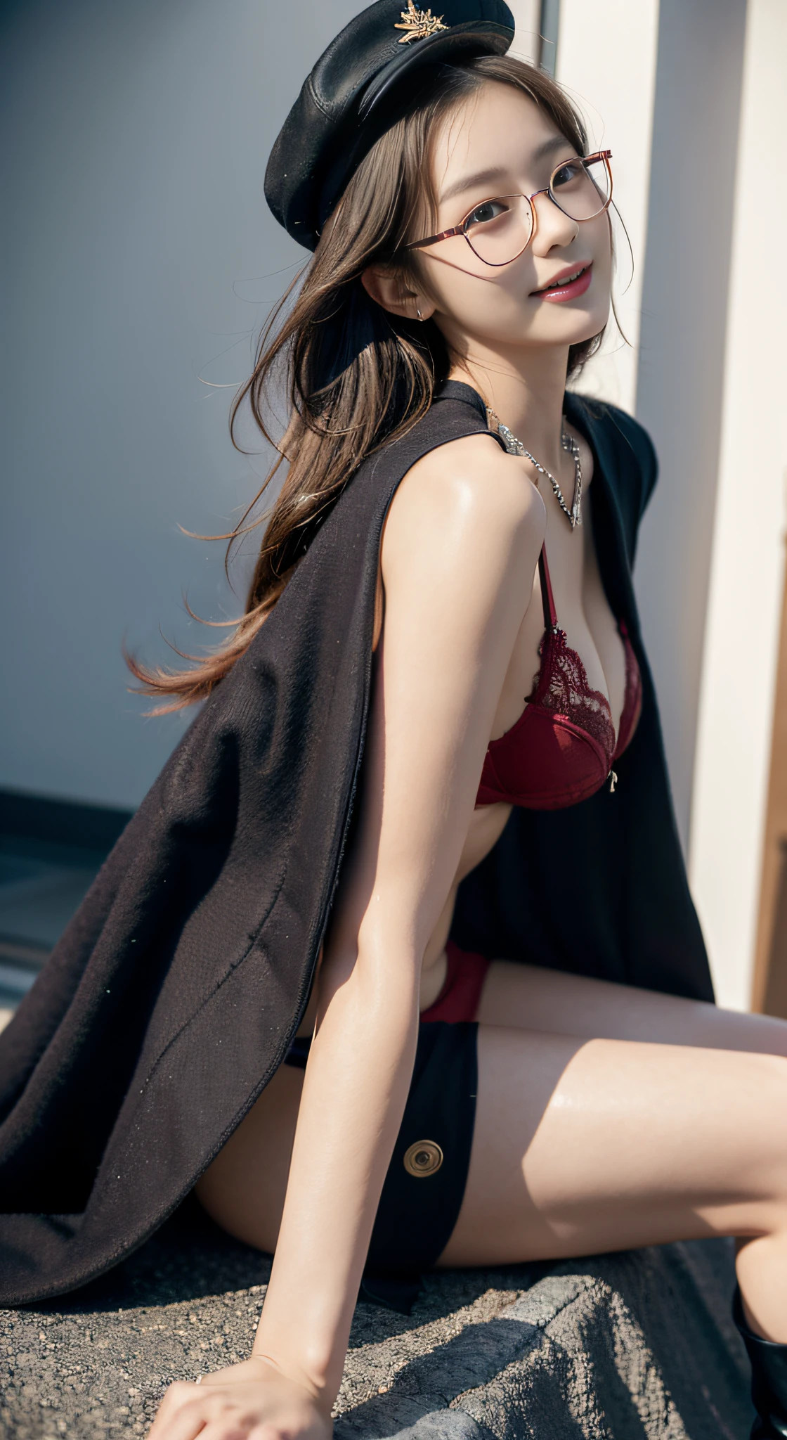 （３２K,high-detail,high detal,hight resolution,highdensity,独奏,Lori：1.3）,（Realistic people,Live action,A detailed eye,High resolution eyes,Fine eyes,Eyes that look like they are alive,beautiful dark blue eyes,Fishing eyes,Detailed lips,Crystal clear white skin,detailed realistic faces：1.3）,（Japanese ido,Korean Idols,model in Japan,Korean models,Korean K-Pop Female Idols：1.2）,（with a flushed face,natural make up,a necklace,piercings：1.4）（Skirt with cut,Colorful tops with oversized silhouettes,Large leather coat,Leather boots,Hats,Mode-based beautiful eye casual：1.6）,（well-shaped breasts：1.5）,（Young but very beautiful and sexy Korean１6 years old little girl,Cool eyes,little smiling,facing back,turned around,Looking at the camera,Fashion Leader,fashion modell,Soft skin,Unforgettable eyes,Her eyes are too beautiful,I want to go to Paris Collection...............,Cutting-edge fashion：1.6）,（showing your whole body,Show full-body fashion,Stylish blue glasses,Exposed breasts with visible thighs,,Lace red panties and red bra,Fall,Lying down,,Cherished boobs,Panties that I cherish：1.7）