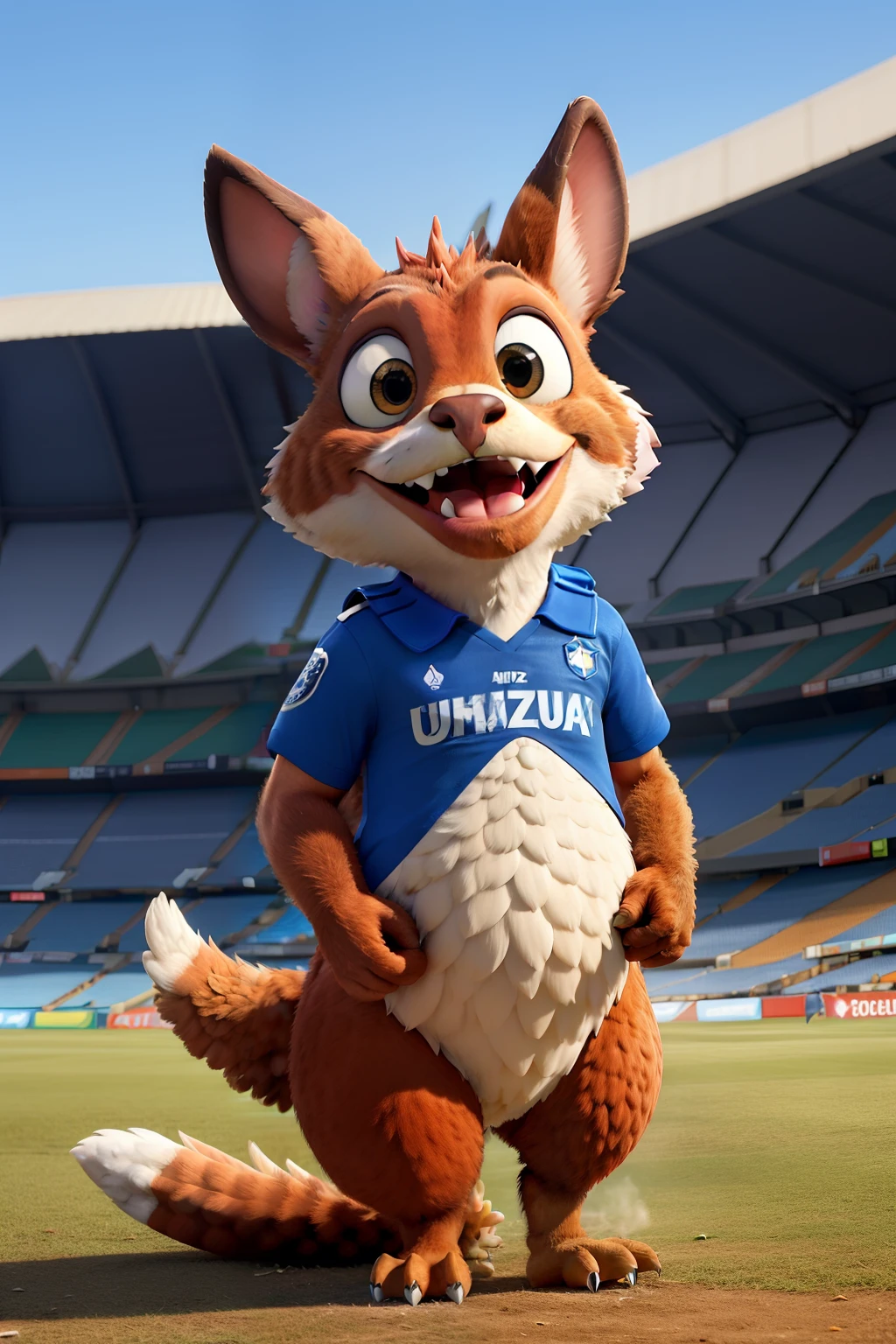 Raposa assustadora com uniforme do time Cruzeiro, biting a plucked chicken and with the Mineirão stadium in the background