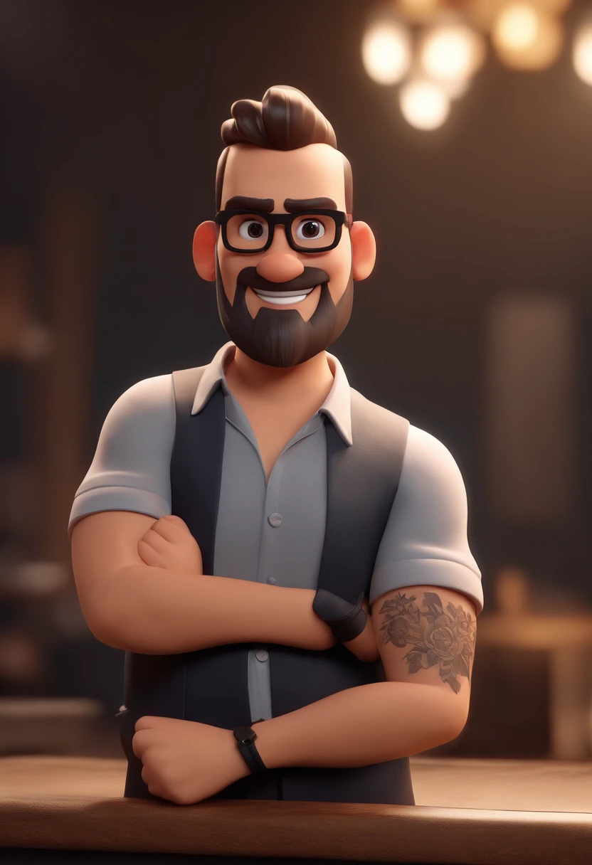 Cartoon character of a man with black glasses and a black polo shirt, cabelo liso, With beard and old school tattoo on his arm, animation character, Caractere estilizado, animation style rendering, 3D estilizado, Arnold Maya render, 3 d render stylized, toon render keyshot, Personagem 3D, Personagem 3D, 3d rendering stylized, 3 d character render, personagem de desenho animado, Personagem de close up, Pose de personagem,  (Estilo Pixar) (master part:1.2) (Bokeh) (best quality) (pele detalhada) (textura detalhada) (8k) (argila) (Cinematic lighting) (foco nítido