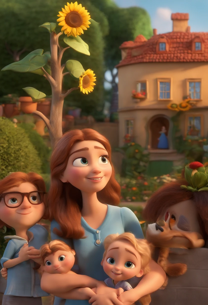 Create a Disney PIXAR-style 3D poster. ((centro da imagem, Triplets)), ((3 )) ((1 menino no meio e 2 meninas ao lado, They're hugging each other, O menino tem pele castanha e cabelos castanhos escuros e olhos castanhos escuros, 1 menina tem pele clara, olhos e cabelos escuros e cacheados, e a outra menina tem pele morena, olhos escuros e cabelos escuros e lisos)) ((tudo isso no estilo Disney PIXAR 3D, In the background, A house of sunflowers, Gloria Studio, The garden is full of nature 3D render RTX clay material, estilo de design cartunesco, POP Mart, soft lighting, linhas suaves, Spring tilt, Detailed illustrations of PIXAR 3D, Detalhes hiper-realistas, cor quente no estilo Disney PIXAR 3D))