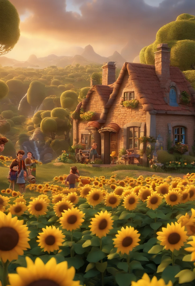 Create a Disney PIXAR-style 3D poster. ((centro da imagem, Triplets)), ((3 children)) ((1 menino no meio e 2 meninas ao lado, They're hugging each other, O menino tem pele castanha e cabelos castanhos escuros e olhos castanhos escuros, 1 menina tem pele clara, olhos e cabelos escuros e cacheados, e a outra menina tem pele morena, olhos escuros e cabelos escuros e lisos)) ((tudo isso no estilo Disney PIXAR 3D, In the background, A house of sunflowers, Gloria Studio, The garden is full of nature 3D render RTX clay material, estilo de design cartunesco, POP Mart, soft lighting, linhas suaves, Spring tilt, Detailed illustrations of PIXAR 3D, Detalhes hiper-realistas, cor quente no estilo Disney PIXAR 3D))