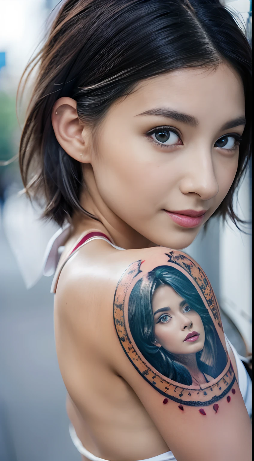 (8K, Raw-Photo, best qualtiy, tmasterpiece:1.2),(realisticlying, photograph realistic:1.4),(Highly detailed CG Unity 8k wallpaper),(Round face: 1.5), (detailed pupil:1.3),(Cool Eyes:1.1),(little smile:1.1),(Unforgettable Eyes:1.1),(The eyes are so beautiful:1.1),((korean woman)), urban at night, neons, Perfect starry sky, UHD, hoog detail, highly quality, super detaill, Ultra-fine illustration, 16k, odd eyes, Ghibli, Grey hair, micro bikini, Plain Bikini, ((Bikini with less fabric)), large eyes, long eyeslashes, very long eyelashes, Ethnic tattoos, (Tattoos that cover the entire body), ((Many tattoos)), tattoo on chest, tattoo on arms, Tattoo on the finger, (Tattoo on the entire chest), Beautiful Features, Neutral facial features, (short-hair)