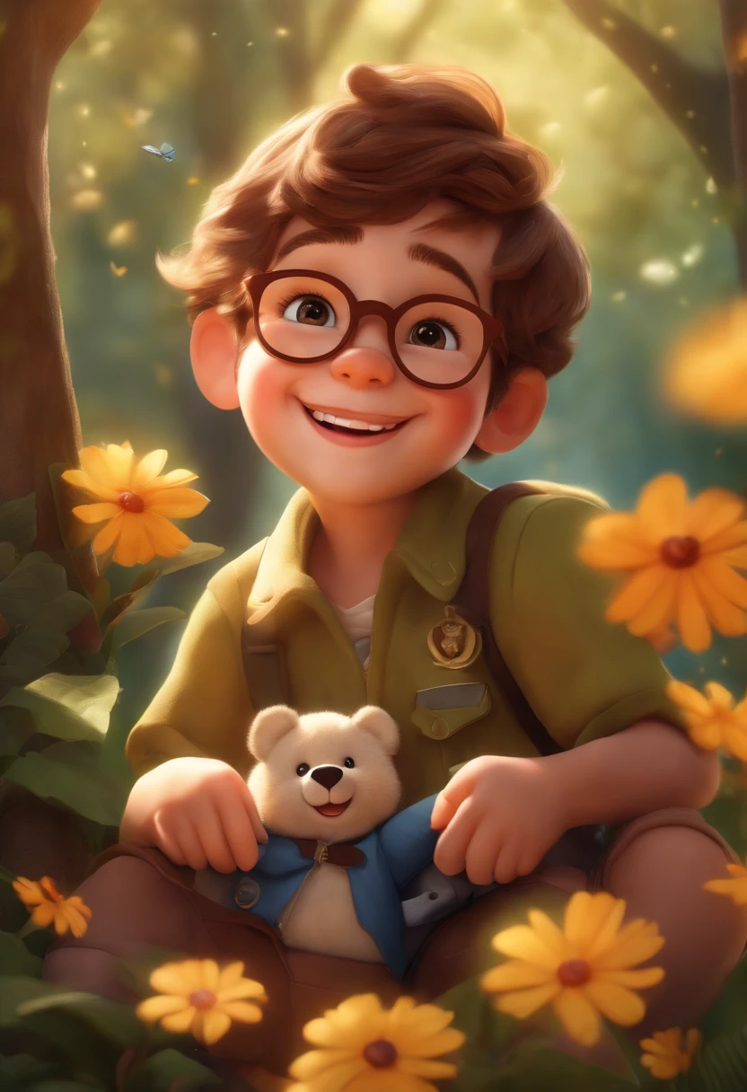 (realistic,photorealistic:1.37) vivid colorful illustration,detailed face,round glasses,boy with a big smile,wearing a scout uniform,holding a teddy bear,furry texture,soft and huggable bear,pixar-style rendering,beautifully textured clothes,outdoor scenery with trees and flowers,warm sunlight filtering through the leaves,joyful expression,magic and whimsical feel,happy and carefree atmosphere,artistic lighting,brilliant colors and contrasts,enchanted forest background,happy childhood memories,depth and dimension,authentic emotions,playful and lively vibe,expressive eyes and lips,cheerful and adventurous spirit,adorable and heartwarming,exquisite attention to detail,playful character interaction.
