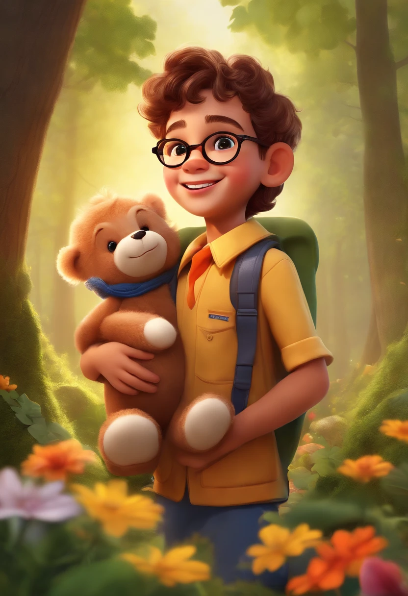 (realistic,photorealistic:1.37) vivid colorful illustration,detailed face,round glasses,boy with a big smile,wearing a scout uniform,holding a teddy bear,furry texture,soft and huggable bear,pixar-style rendering,beautifully textured clothes,outdoor scenery with trees and flowers,warm sunlight filtering through the leaves,joyful expression,magic and whimsical feel,happy and carefree atmosphere,artistic lighting,brilliant colors and contrasts,enchanted forest background,happy childhood memories,depth and dimension,authentic emotions,playful and lively vibe,expressive eyes and lips,cheerful and adventurous spirit,adorable and heartwarming,exquisite attention to detail,playful character interaction.