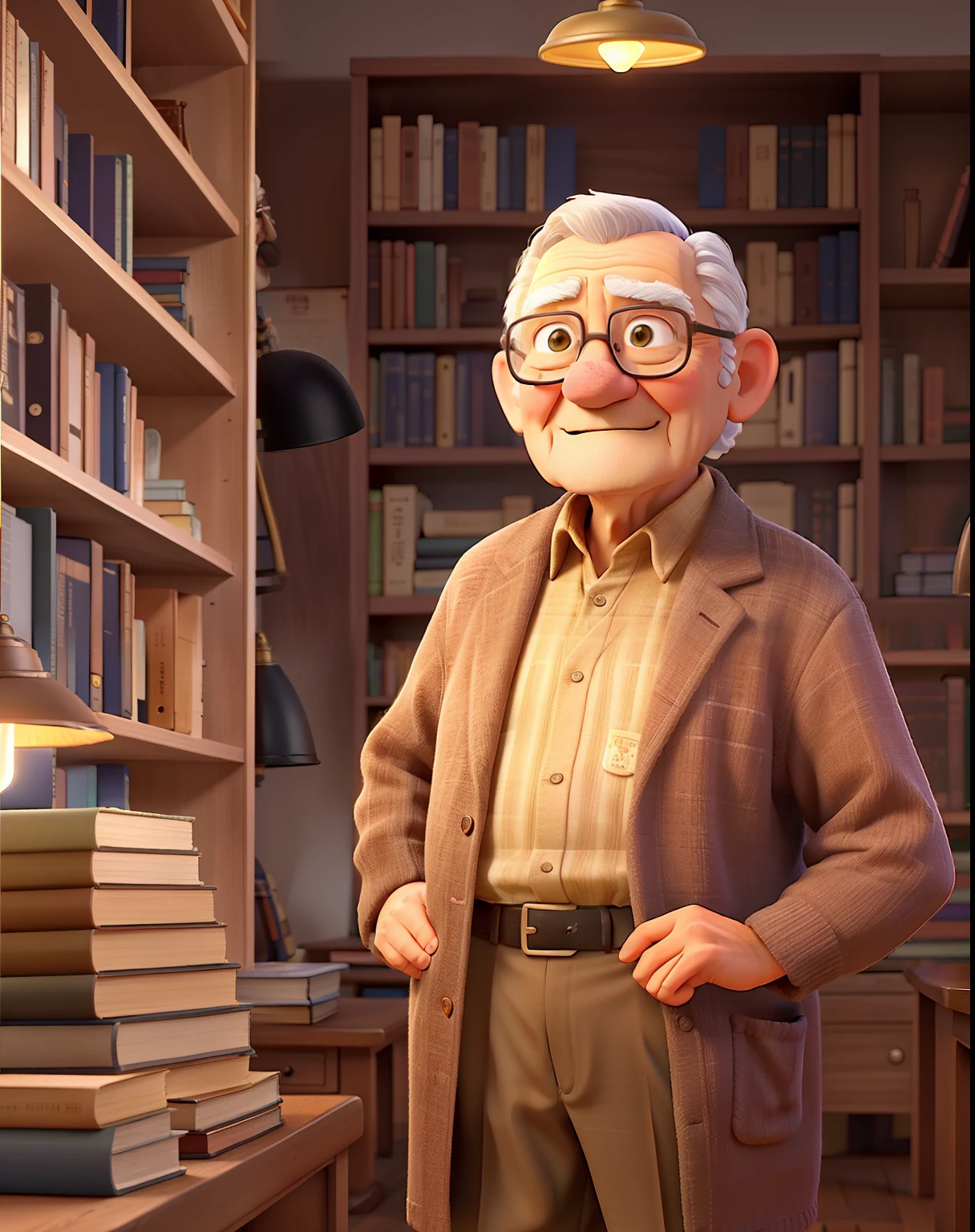 A wise old man standing in front, illuminated by the light of a lamp, against the backdrop of a library
