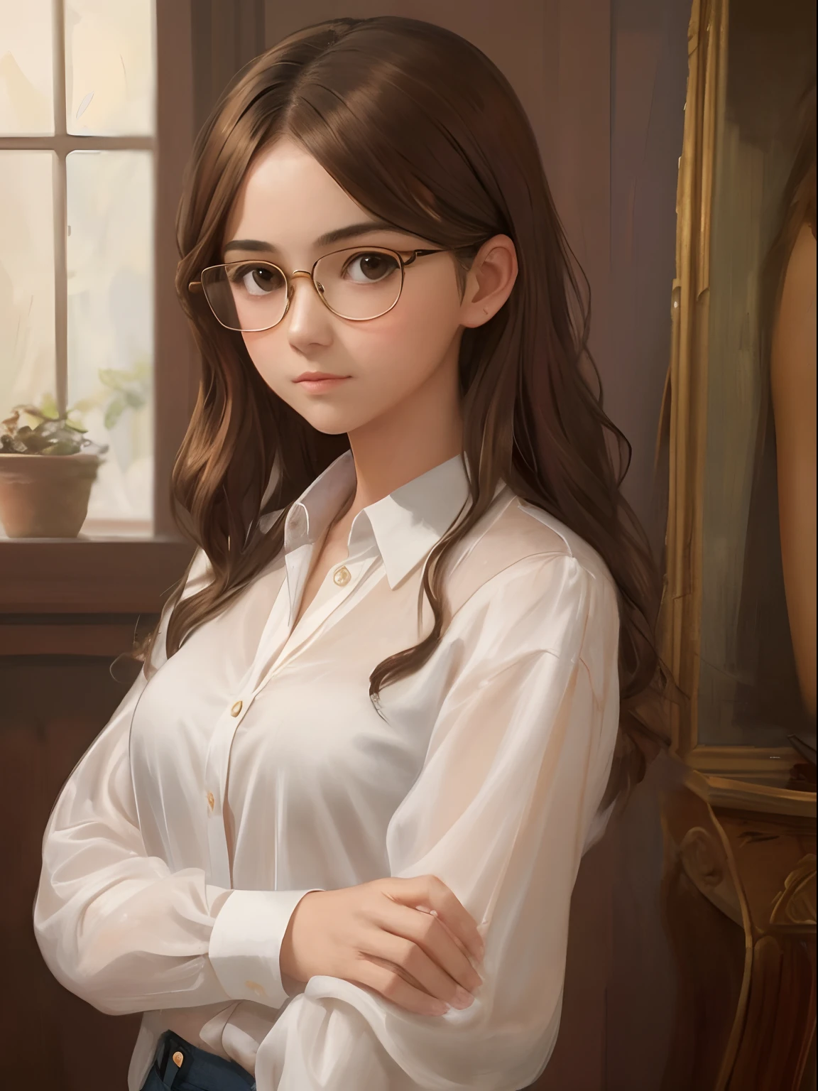 a 1girl, a beautiful -aged girl, extremely small breasts, short wavy brown hair, brown eye, eyeglasses, portraite, oil painted, contemporary, sheer silk blouse with unbuttoned top button without bra, Realistic Proportion, Intricate, intricate detials, sharp-focus