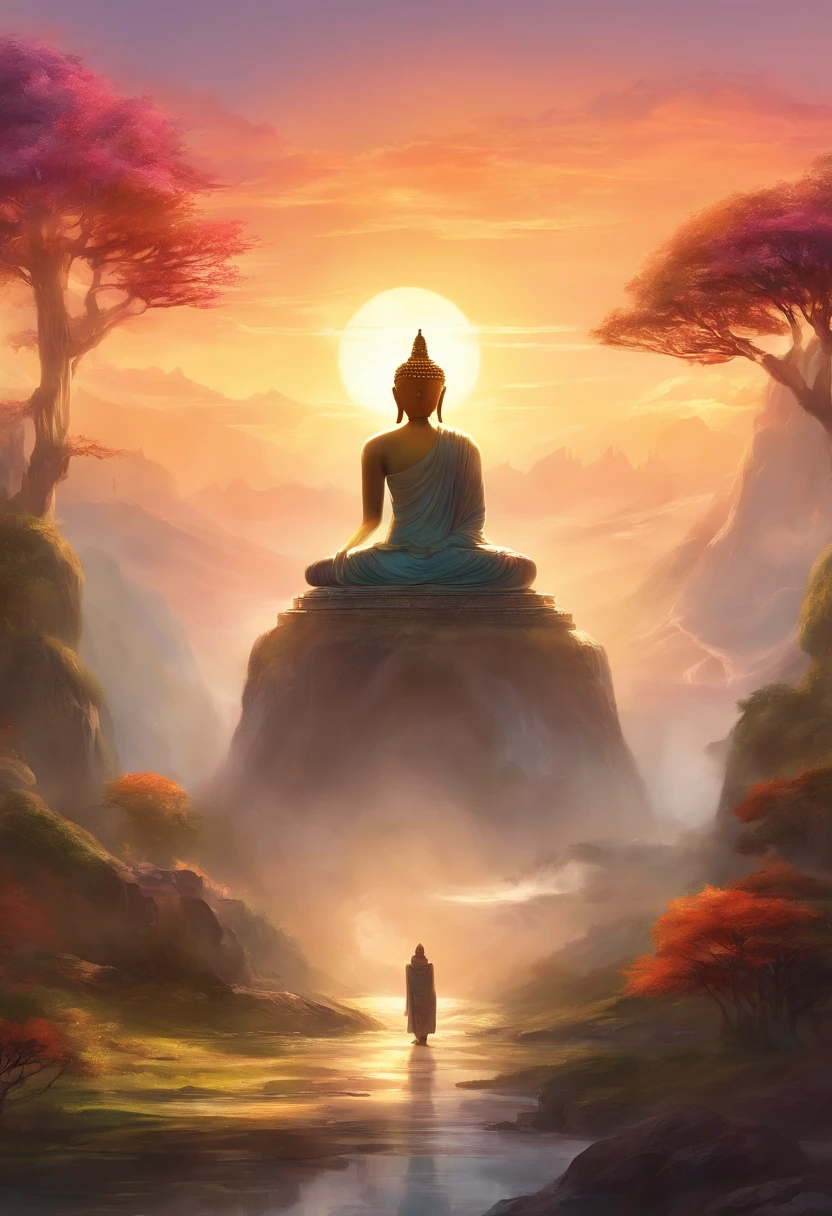 Tall seated Buddha statue in the distance, The sun shines on the mountains, Towering trees, Pilgrims walking on the road. The composition is beautiful, With masterpieces, Details, and high definition