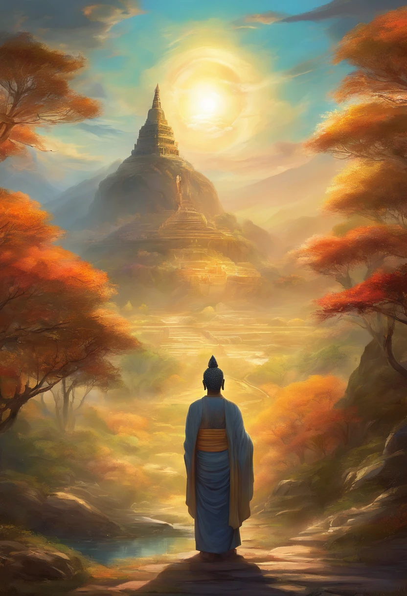 Tall seated Buddha statue in the distance, The sun shines on the mountains, Towering trees, Pilgrims walking on the road. The composition is beautiful, With masterpieces, Details, and high definition