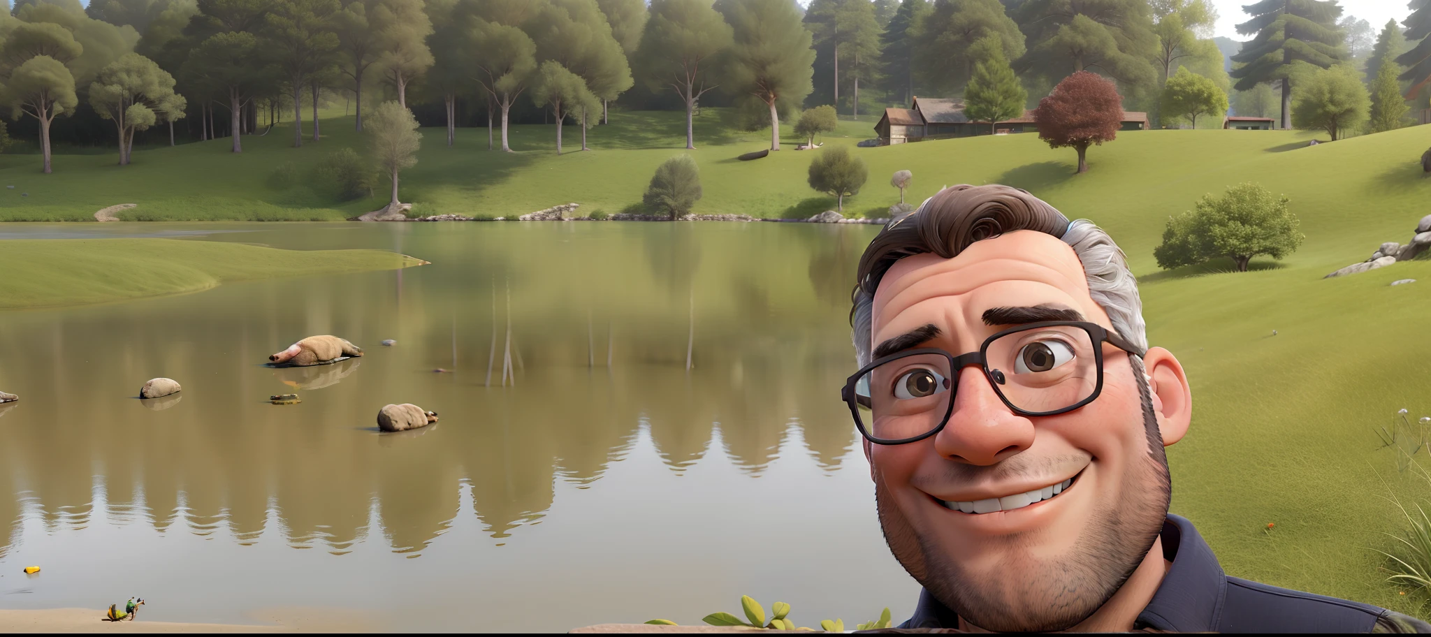 Man with glasses smiling , com lago de fundo
