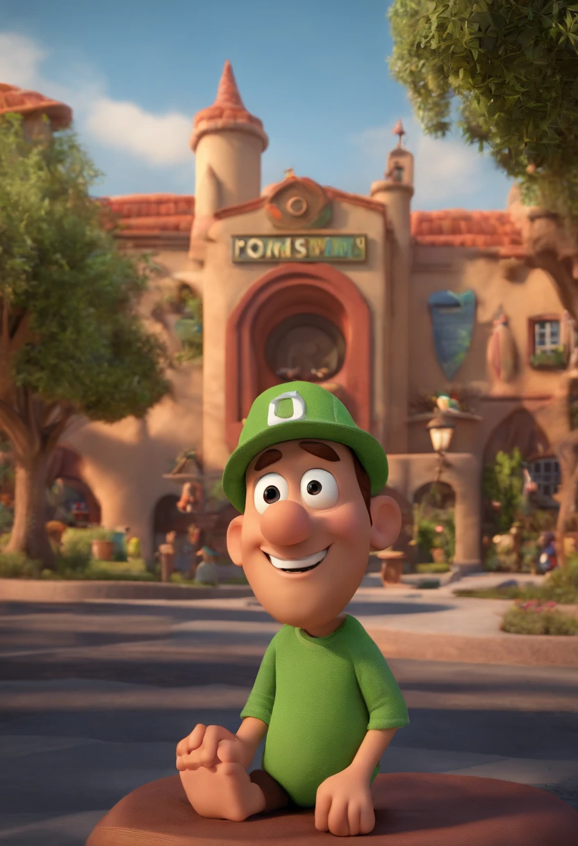 um homem, em breve, barba curta, olhos castanhos, com fones de ouvido, A music studio in the background, Imagem no estilo Pixar, Estilo de filme animado 3D, Disney, camiseta preta