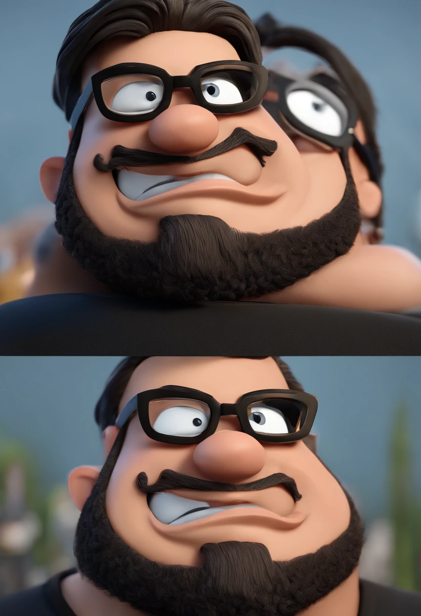 Cartoon character of a man with black glasses and a black polo shirt, cabelo liso, With beard and old school tattoo on his arm, SORRIDENTE E BONITO, animation character, Caractere estilizado, animation style rendering, 3D estilizado, Arnold Maya render, 3 d render stylized, toon render keyshot, Personagem 3D, Personagem 3D, 3d rendering stylized, 3 d character render, personagem de desenho animado, Personagem de close up, Pose de personagem,  (Estilo Pixar) (master part:1.2) (Bokeh) (best quality) (pele detalhada) (textura detalhada) (8k) (argila) (Cinematic lighting) (foco nítido