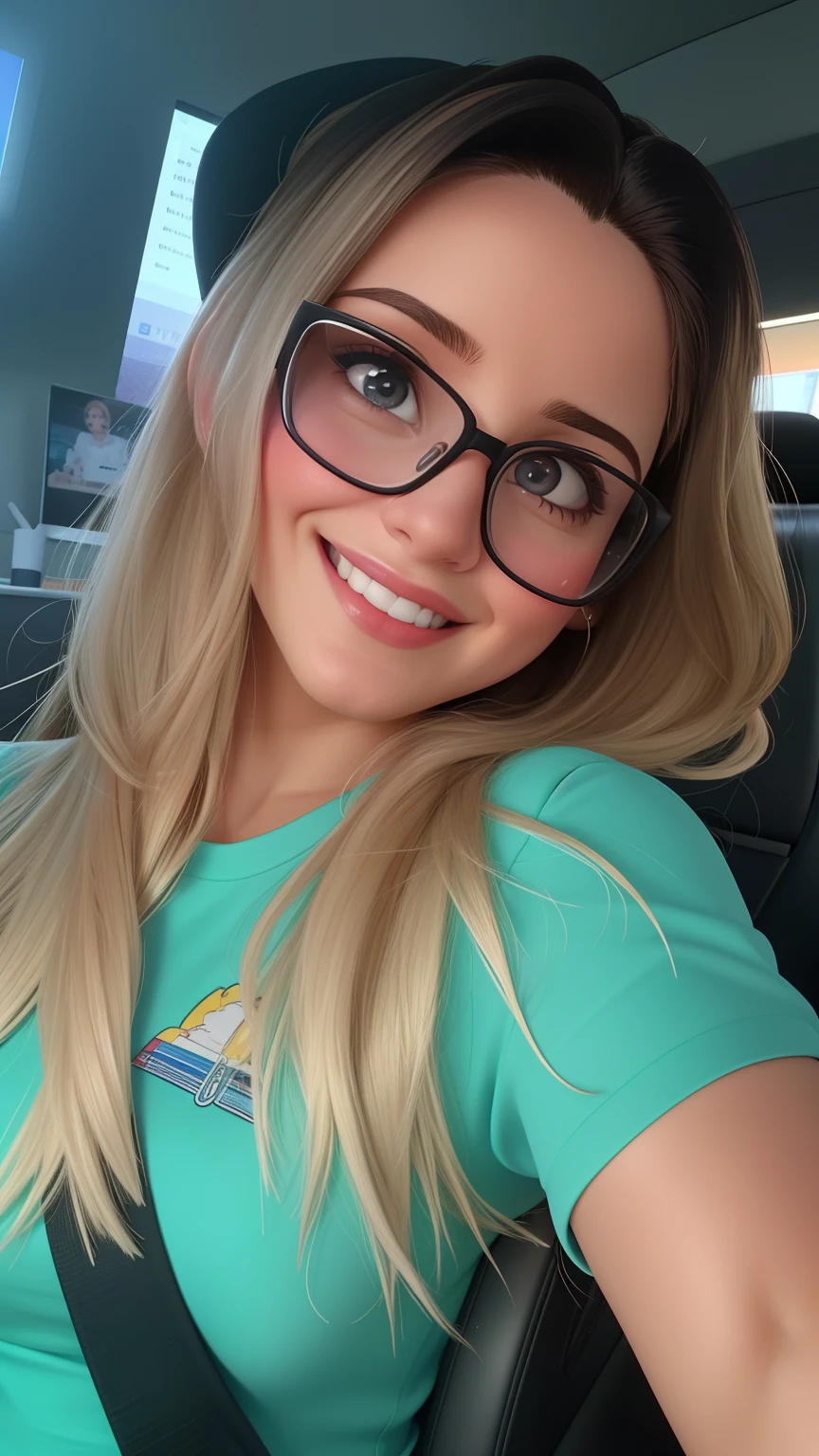 Uma mulher de 30 anos, com cabelos castanhos cumpridos, Rosto redondo, rosto redondo com sorriso encantador, e olhos castanhos, wearing glasses. TV presenter looking at the camera