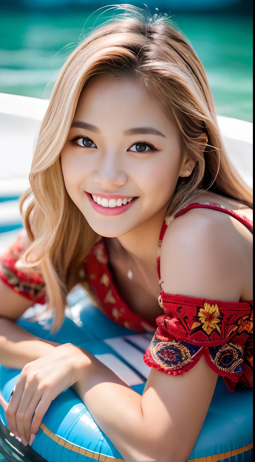 (hyper-realism, 8K, Extremely detailed, Best Quality, A highly detailed, Masterpiece, A hyper-realistic, High Detail, Raw foto, realisitic, Photo Photorealistic, The ultra-Highres, realisitic, Top  Quality, Raw-Photo, Depth of field, Cinematic lighting). (Pretty Korean Girl). (Blonde hair). (Double eyelid). (Smiling). (Solo). (Posing freely on a raft in the sea.). (patterns, Red intricate tropical island style outfit). (cowboy shots, s whole body:1).