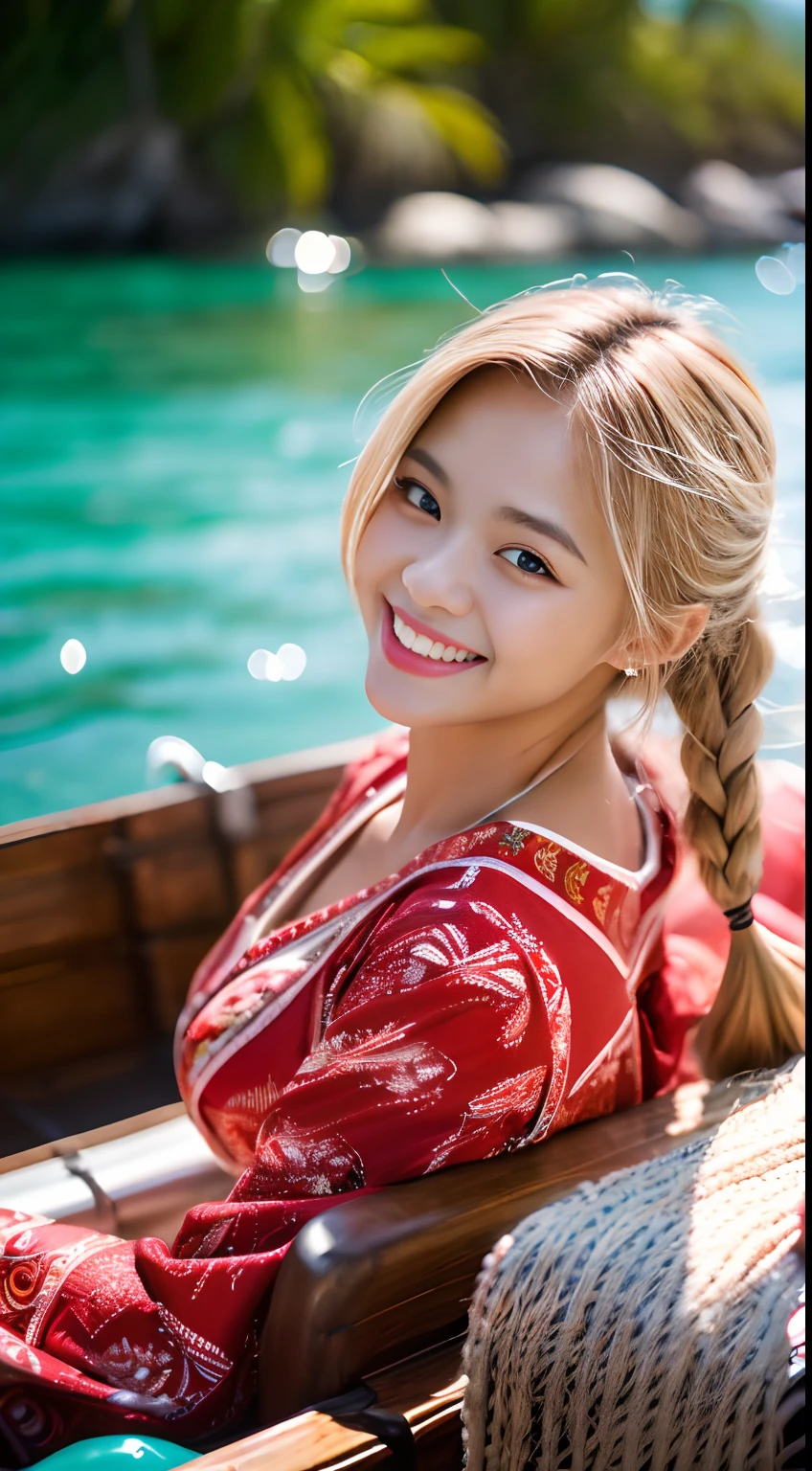 (hyper-realism, 8K, Extremely detailed, Best Quality, A highly detailed, Masterpiece, A hyper-realistic, High Detail, Raw foto, realisitic, Photo Photorealistic, The ultra-Highres, realisitic, Top Quality, Raw-Photo, Depth of field, Cinematic lighting). (Pretty Korean Girl). (Blonde hair). (Double eyelid). (Smiling). (Solo). (Posing freely on a raft in the sea.). (patterns, Red intricate tropical island style outfit). (cowboy shots, s whole body:1).