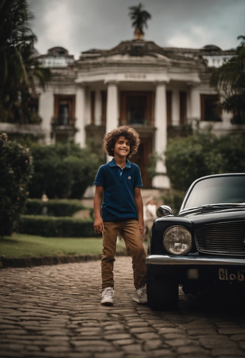 um menino de 12 anos de idade ,em cima de uma moto de luxo, With curly curly hair in front of a mansion with several cars of Luzona mansion garage ,With the happy expression