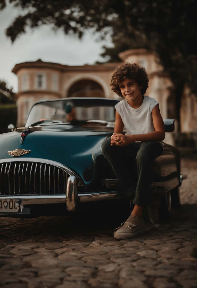 um de 12 anoade ,em cima de uma moto de luxo, With curly curly hair in front of a mansion with several cars of Luzona mansion garage ,With the happy expression