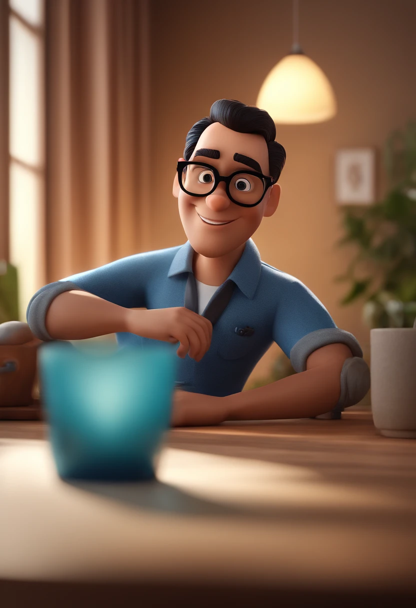 Cartoon character of a man with black glasses and a blue shirt, animation character, Caractere estilizado, animation style rendering, 3D estilizado, Arnold Maya render, 3 d render stylized, toon render keyshot, Personagem 3D, Personagem 3D, 3d rendering stylized, 3 d character render, personagem de desenho animado, Personagem de close up, Pose de personagem, (Estilo Pixar) (master part:1.2) (Bokeh) (best quality) (pele detalhada) (textura detalhada) (8k) (argila) (Cinematic lighting) (foco nítido