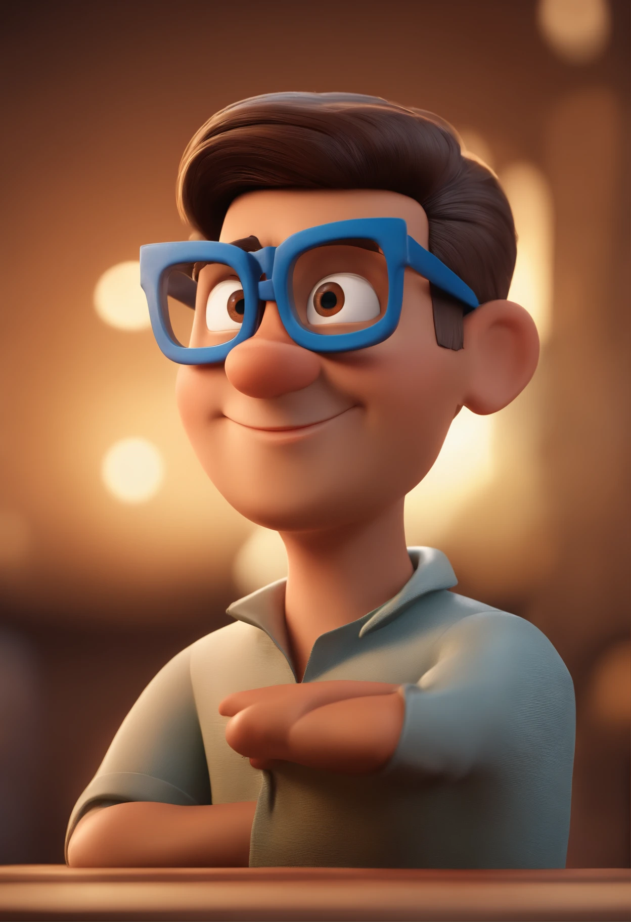 Cartoon character of a man with black glasses and a blue shirt, animation character, Caractere estilizado, animation style rendering, 3D estilizado, Arnold Maya render, 3 d render stylized, toon render keyshot, Personagem 3D, Personagem 3D, 3d rendering stylized, 3 d character render, personagem de desenho animado, Personagem de close up, Pose de personagem,  (Estilo Pixar) (master part:1.2) (Bokeh) (best quality) (pele detalhada) (textura detalhada) (8k) (argila) (Cinematic lighting) (foco nítido