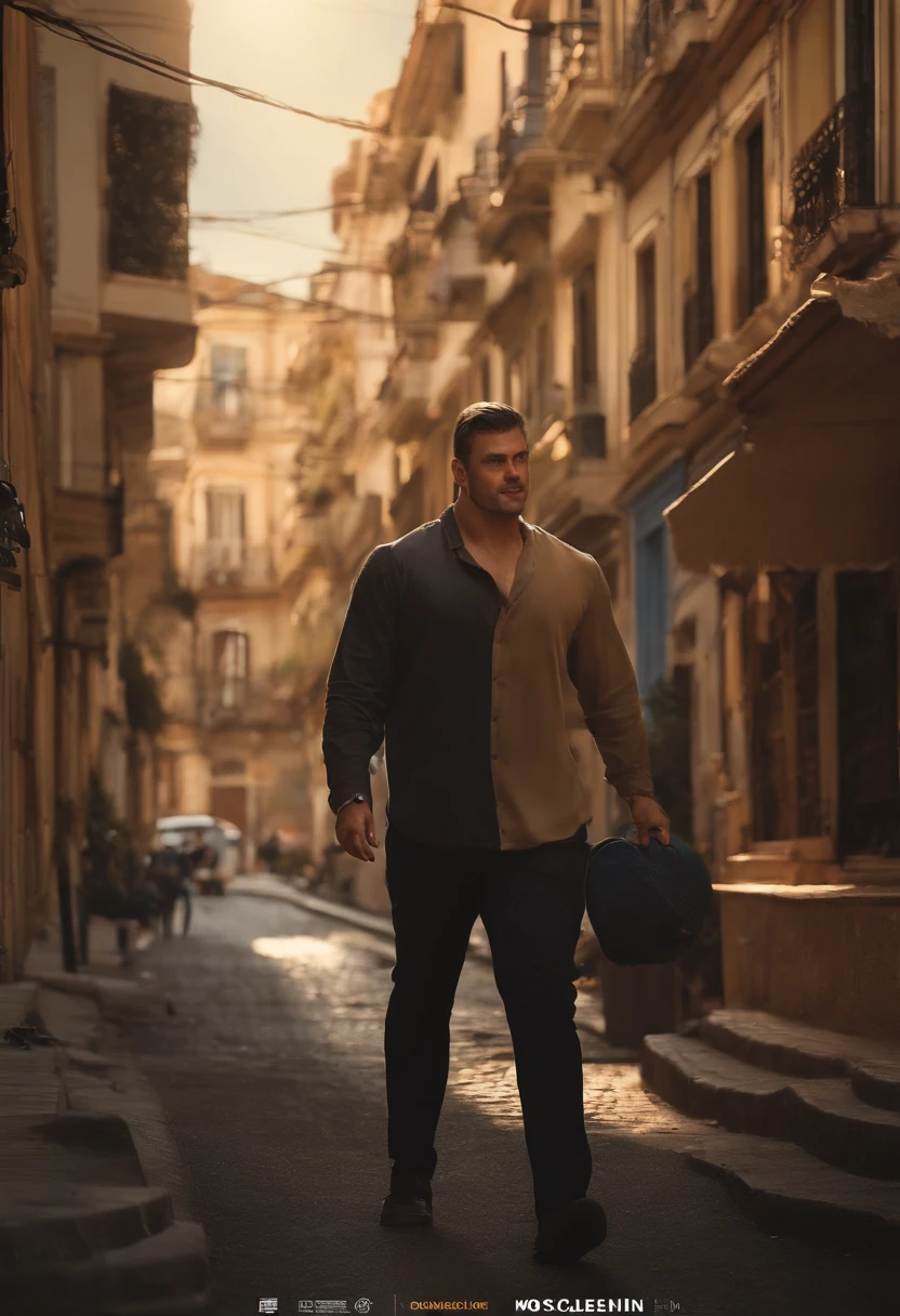 homem de cor parda de 1,8mt de altura pesando 93kg, cabelo curto na cor castanho, wearing a black long sleeve shirt and beige pants, de frente a uma cidade grande. The name of the film is called MOCELIN, the largest security and fire prevention company in Brazil. Fazer o desenho no estilo PIXAR.