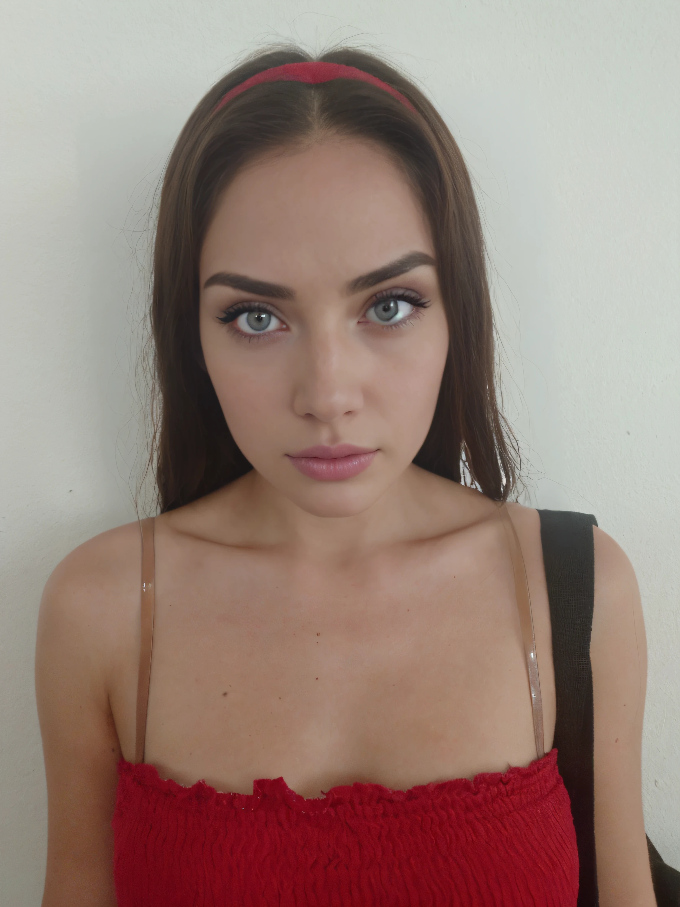 a woman (27 years old) keeping the same face, bright green eye, Aimee Lou Wood, Ana de armas, fine detailed green eyes, retracted pupils, Fine quality bright green eye, same color for both eyes, same expression, retracted pupil, same clothes, same body, fine quality hair, same color, arrogant smile, bold sexy smile, arrogant sexy look. 32k image, professional Photography, highest quality. closed lips, closed mouth.