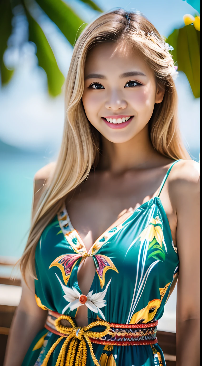 (hyper-realism, 8K, Extremely detailed, Best Quality, A highly detailed, Masterpiece, A hyper-realistic, High Detail, Raw foto, realisitic, Photo Photorealistic, The ultra-Highres, realisitic, Top  Quality, Raw-Photo, Depth of field, Cinematic lighting). (Pretty Korean Girl). (Blonde hair). (Double eyelid). (Smiling). (Solo). (Free Pose). (patterns, Intricate tropical island-style outfits). (cowboy shots). (s whole body:1).