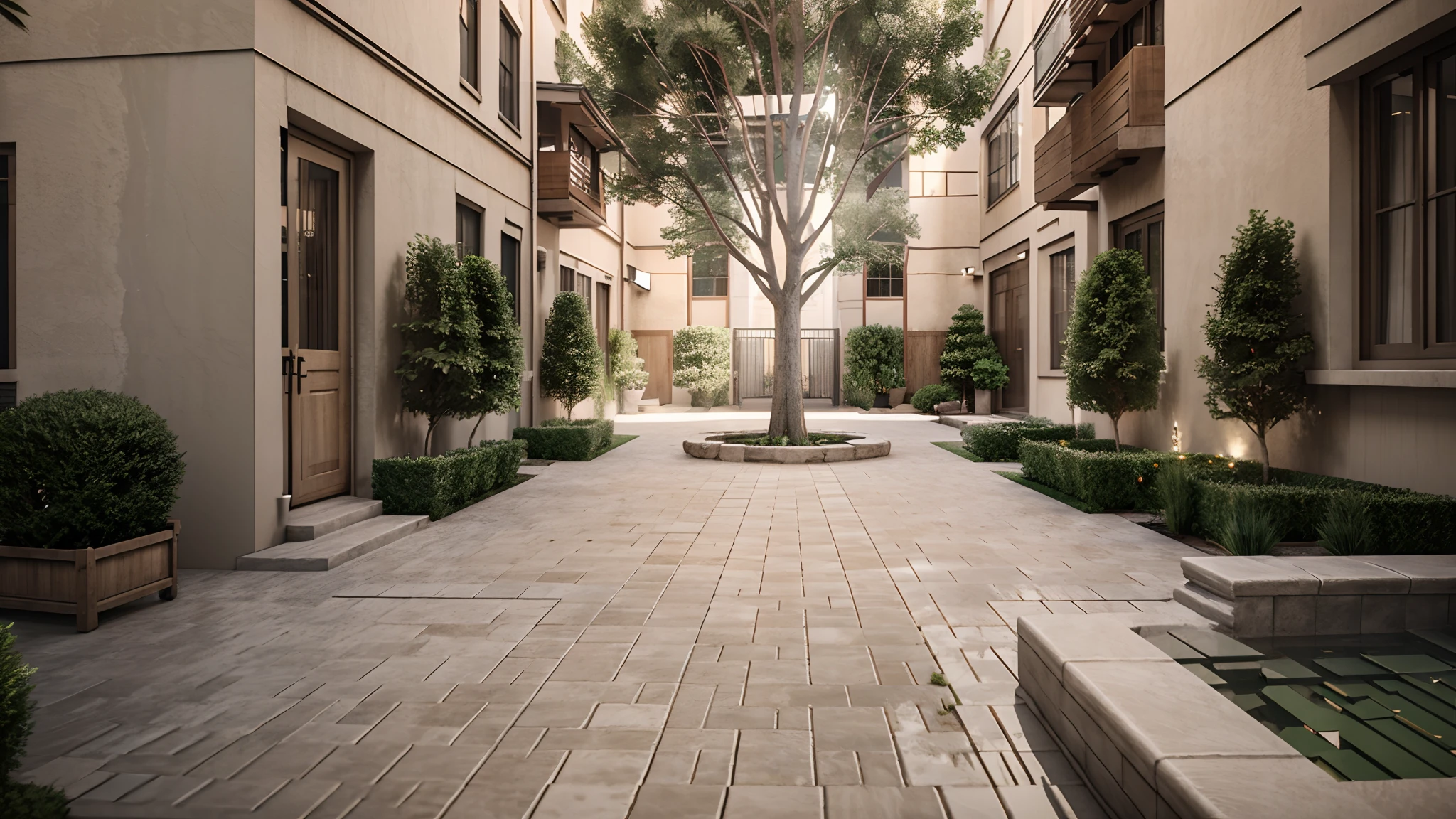 3d modeling for this courtyard with a tree in middle the path.