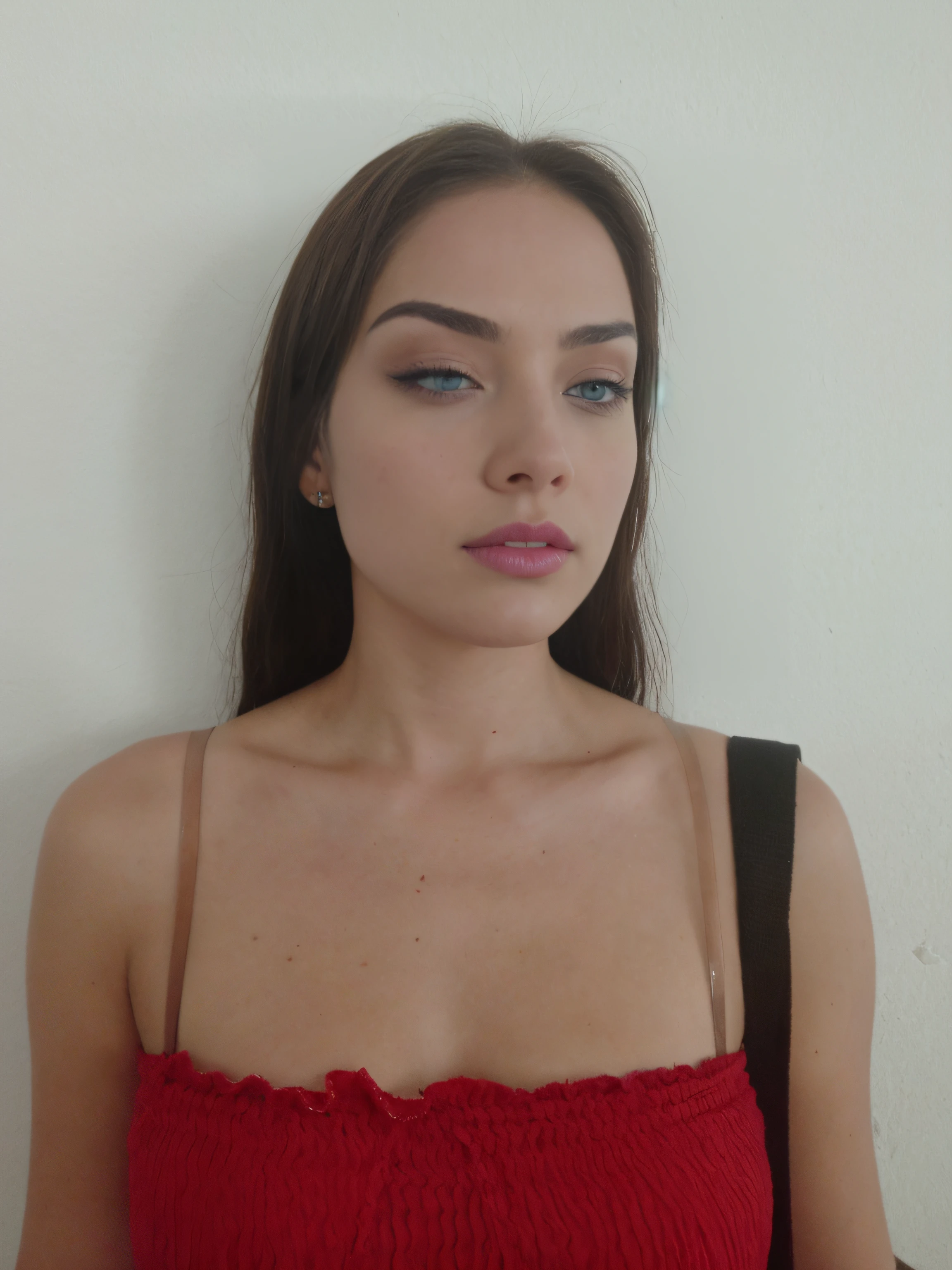 a woman (27 years old) keeping the same face, bright green eye, Aimee Lou Wood, Ana de armas, fine detailed green eyes, retracted pupils, Fine quality bright green eye, same color for both eyes, same expression, retracted pupil, same clothes, same body, fine quality hair, same color, arrogant smile, bold sexy smile, arrogant sexy look. 32k image, professional Photography, highest quality. closed lips, closed mouth.