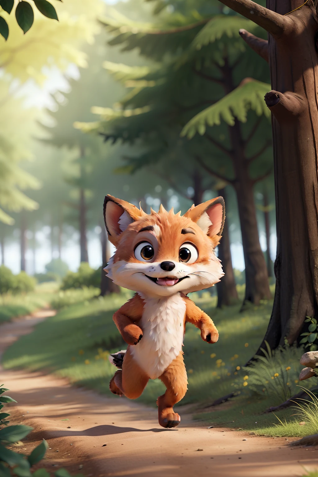 Cheerful cub fox character walking through a grove full of lush green trees.