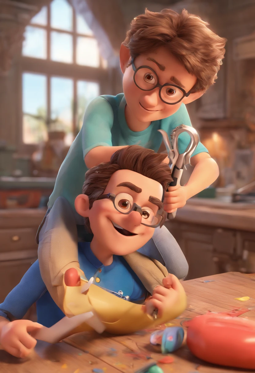 Estilo Pixar: The grown man is holding a naked blue-eyed boy and in his other hand he is holding a pair of scissors and is trying to cut off the boy's testicles,3D Poster,Disney