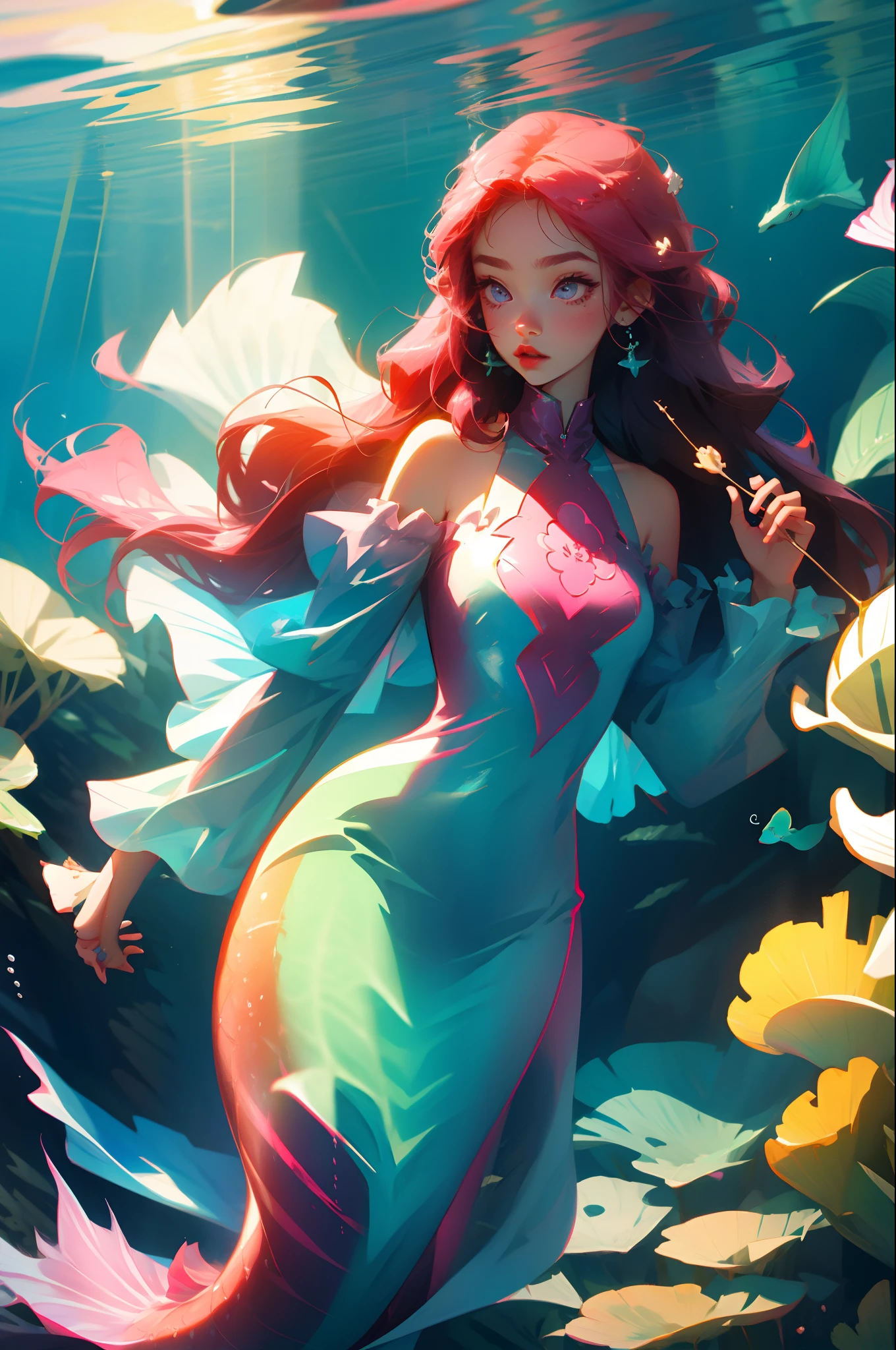 cute cartoon mermaids red hairs Pink eyes eye glasses Hair to the shoulders Under the sea