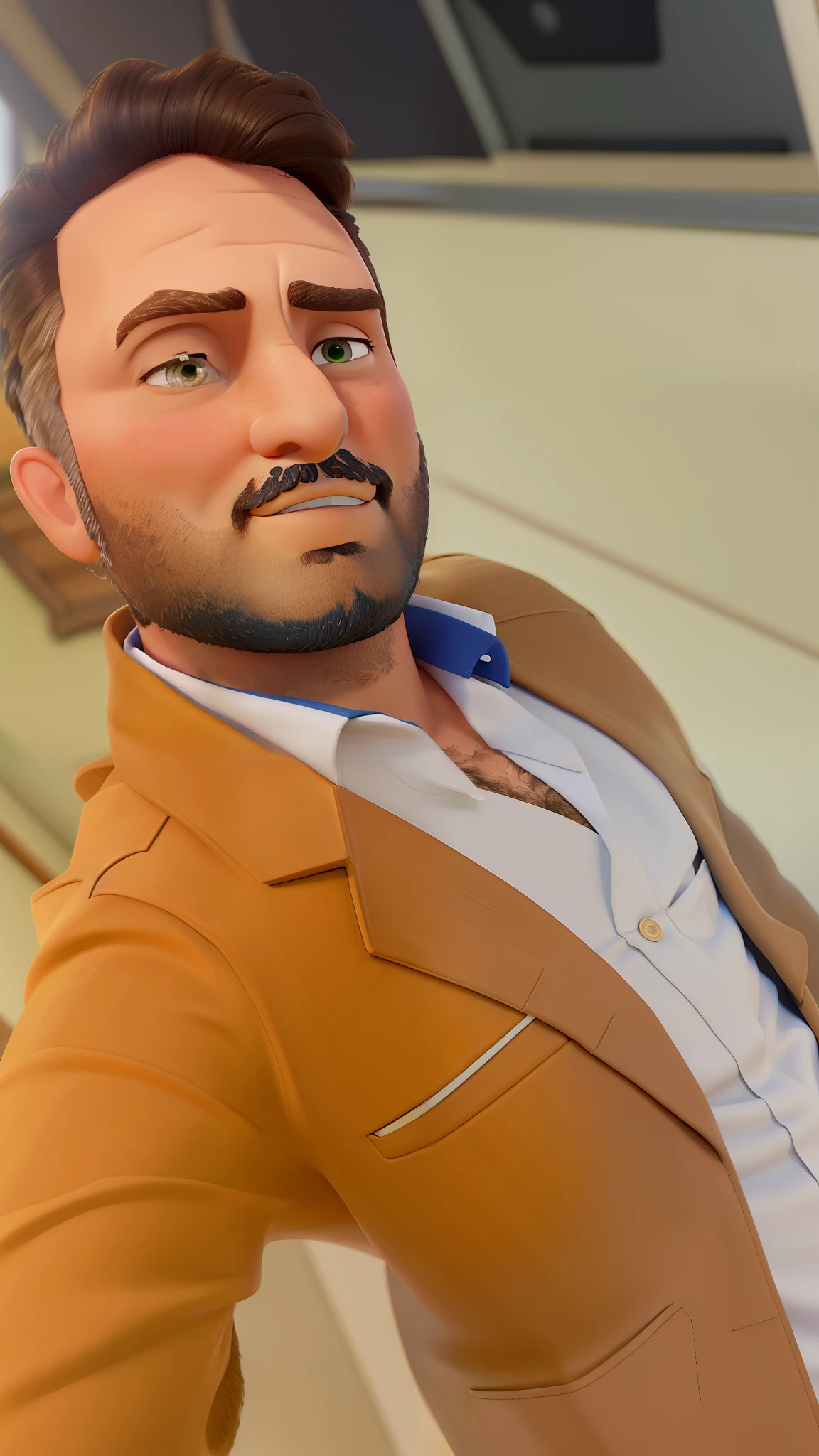 homem no estilo Disney Pixar, barba grisalho, 38 anos de idade, descendente nordestino, rosto redondo