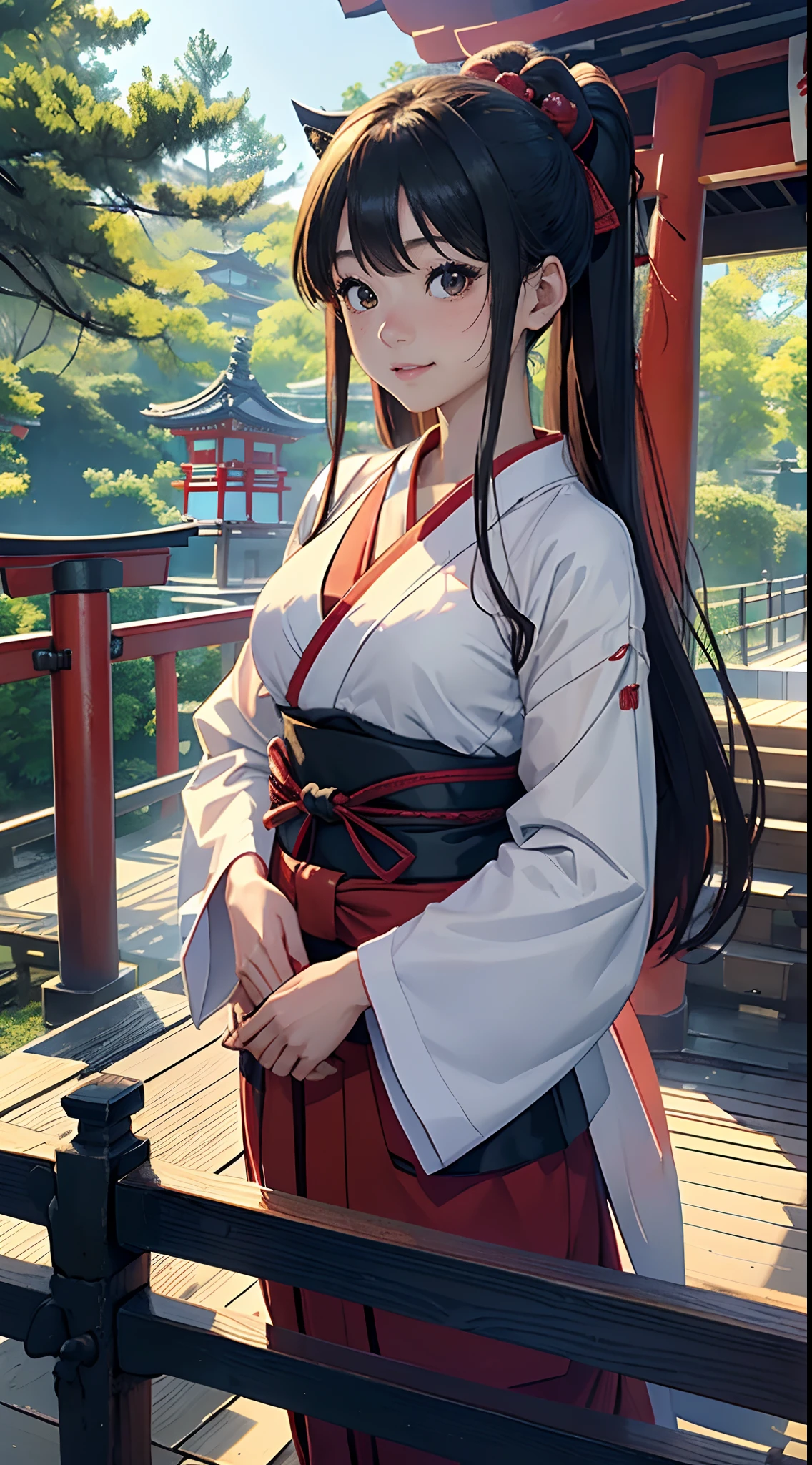 Best Quality、masutepiece、(japanes、Beautuful Women、shrine maiden、25-years old、Beautuful Women:1.5、cute little:2、spotless、D-cups)、(cloudiness、mare、torii gate)、(ssmile、slightly red cheeks)、shrines