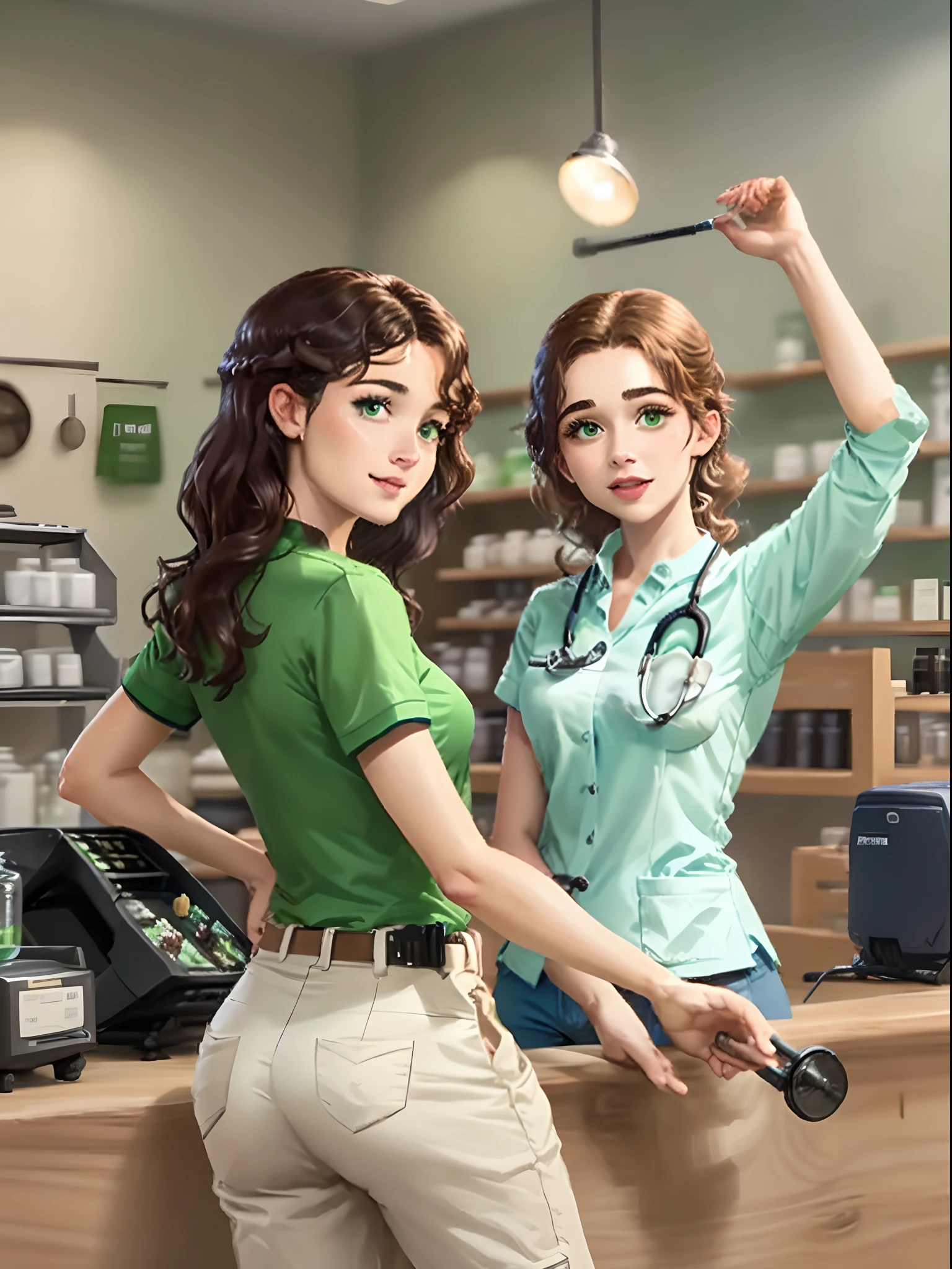 crie uma imagem estilo capa de filme da pixar de duas loiras mulheres, uma mulher morena, dois homens brancos, de camisa polo verde, Serving at the counter of a white and light green orthopedic products store, com cadeira de rodas, stethoscope, muletas. Logo in the middle of the counter above.