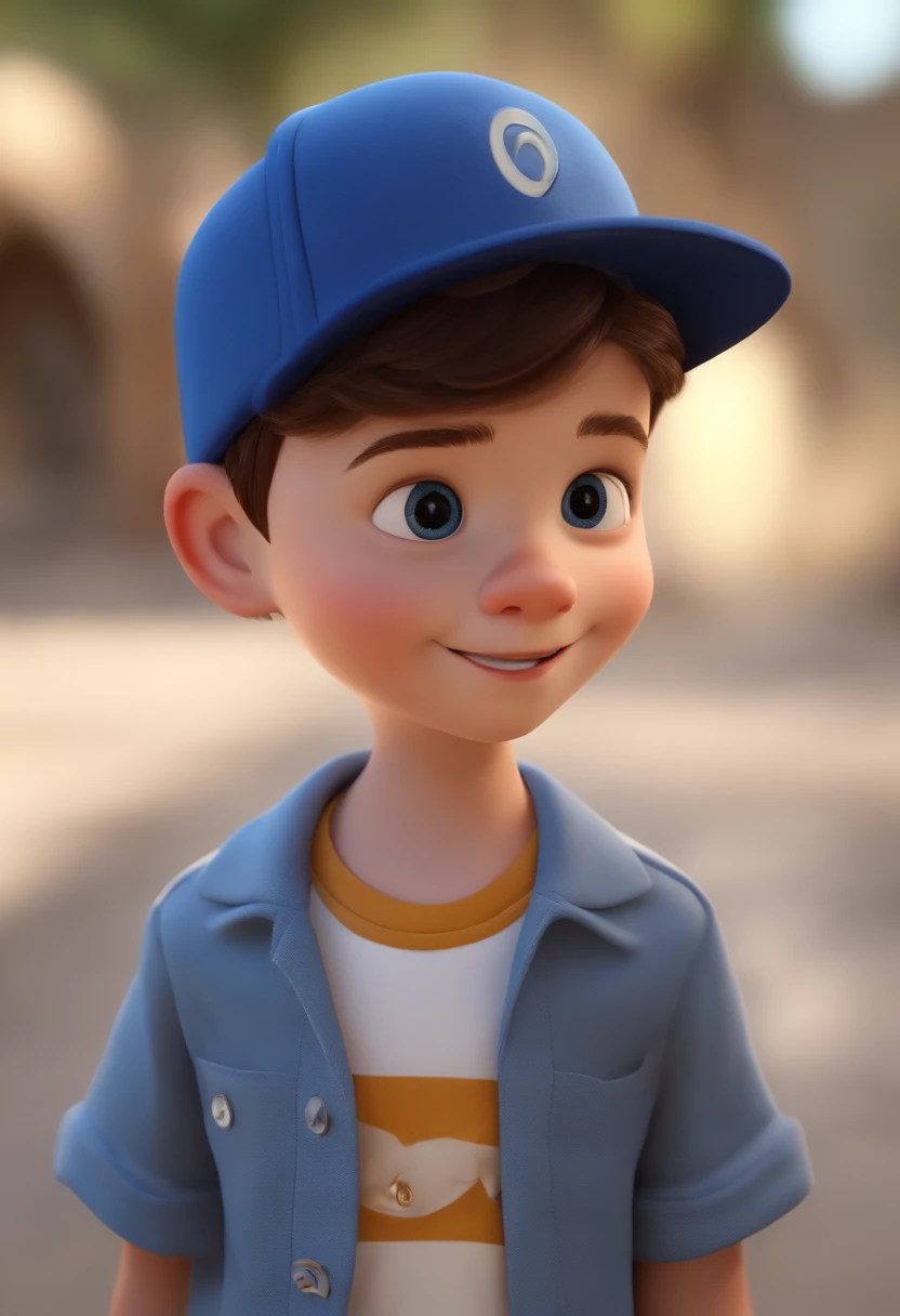 A happy cute boy standing short hair with dark blue cap , vestindo uma camisa azul , , fundo branco, barnet, Tom, Estilo Pixar, ......3d, desenhos animados, rosto detalhado, asymmetrical 16k