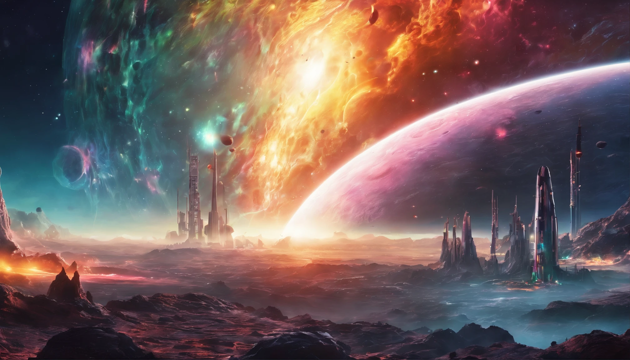 (best quality,4k,8k,highres,masterpiece:1.2),ultra-detailed,realistic,hdr,sci-fi,black hole,giant gas planet,wide field of view,rainbow colors,gas swirling,beautifully detailed gas clouds,ethereal lighting,astronomical phenomenon