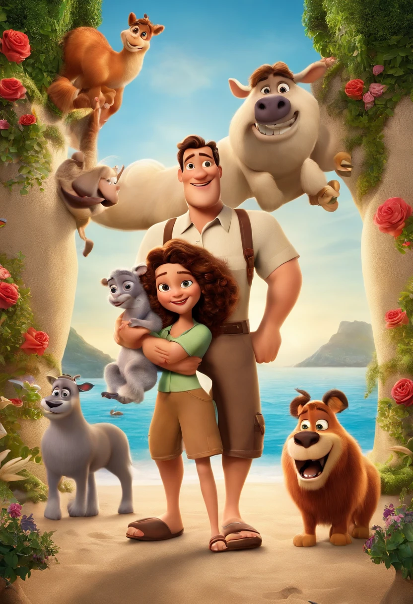 a Disney Pixar movie poster showing a white-skinned family. The father is the tallest, Tem barba curta, loiro, cabelos curtos e espinhosos. The mother has brown eyes and hair, shoulder-length and is slightly overweight. A tem 4 anos e cabelos castanhos, roupa rosa e rabos de cavalo. The background is a beach garden. 3D-rendering