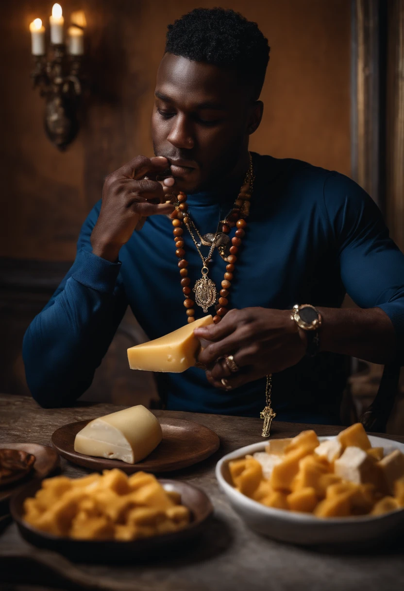 Black man eating cheese with a Marian rosary in his hand