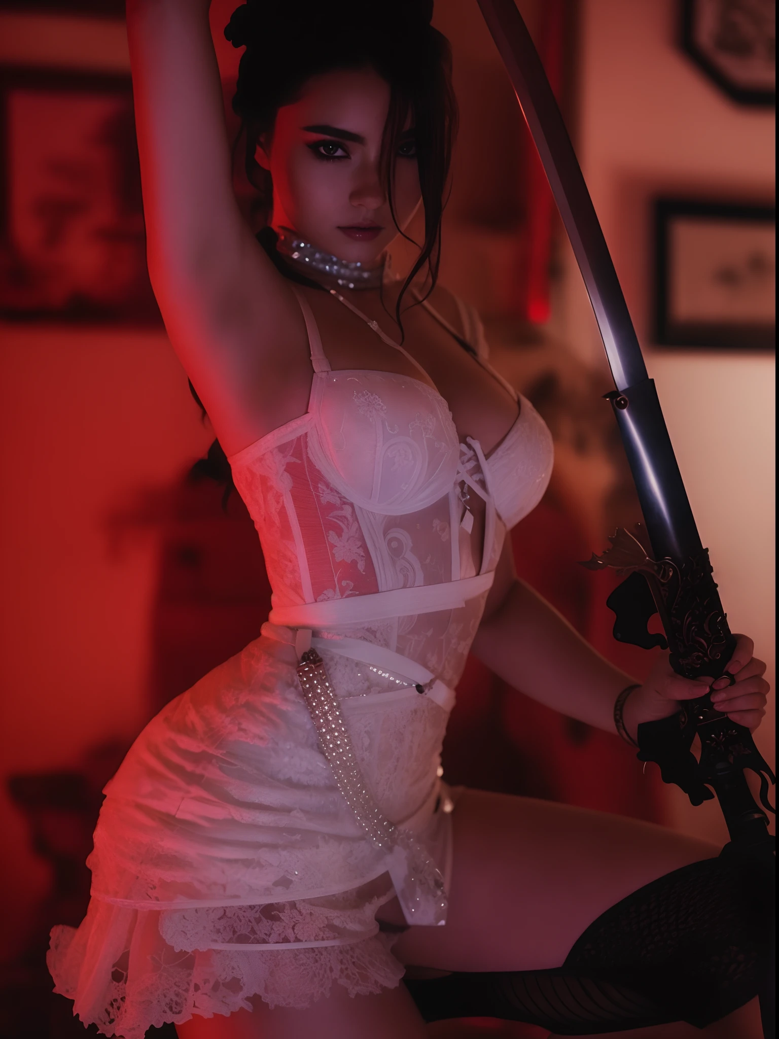 Anime woman in a white dress holding a sword in a room, inspired by Elsa Bleda, unsheathing her katana, honey birdette, thick dust and red tones, inspired by Luis Royo, posing with a sword, red and cinematic lighting, by Elsa Bleda, in style of luis royo, she is holding a katana sword, she is bloody