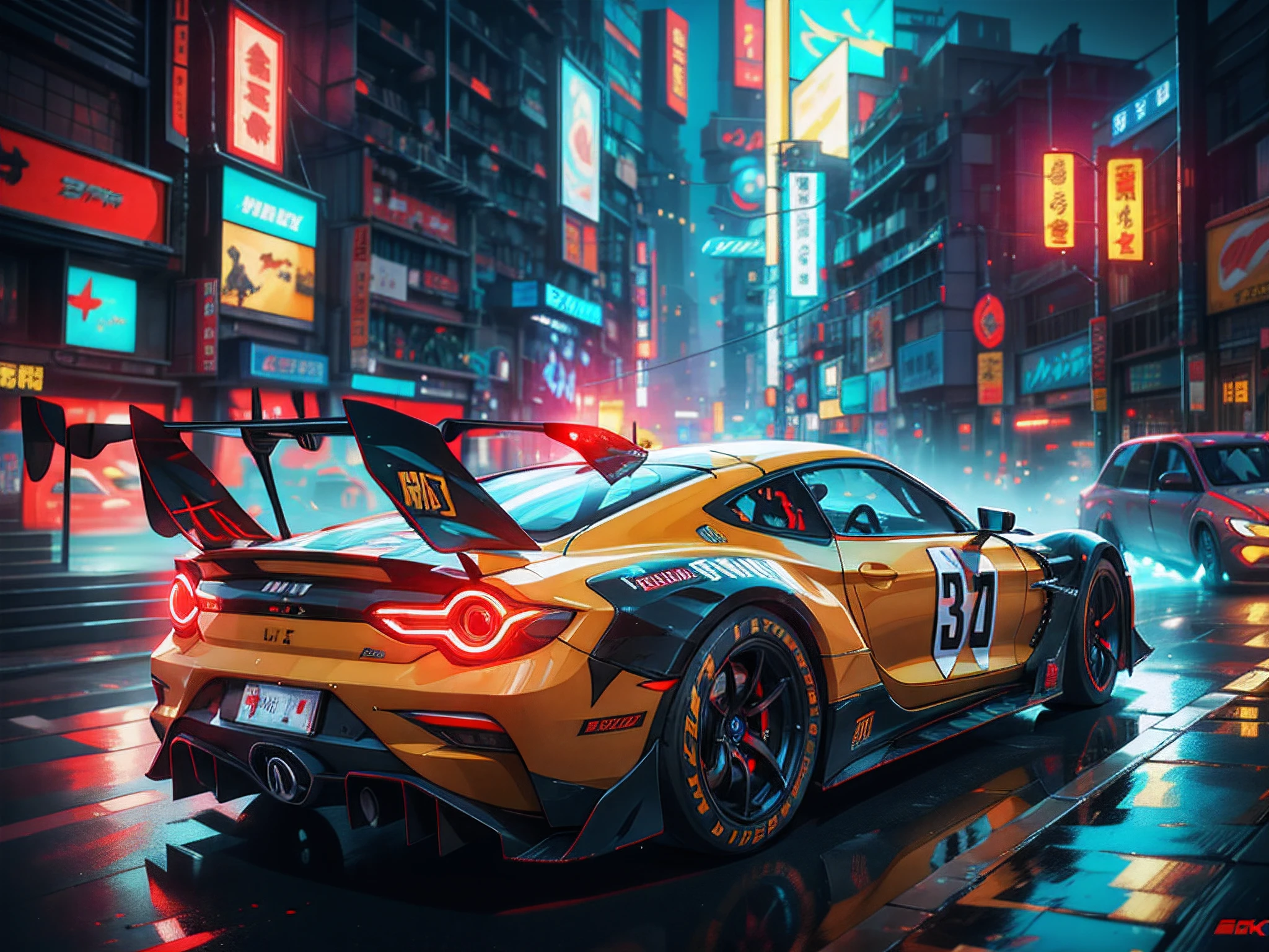 Best quality, masterpiece, ultra high res, Capture the adrenaline-fueled excitement of a sleek, high-performance racing car dripping, red, blue, fires, neon light, dust, full car show, from side, cyberpunk racing car, tokyo cyberpunk night,Detailed,Realistic,4k highly detailed digital art,octane render, bioluminescent, BREAK 8K resolution concept art, realism,by Mappa studios,masterpiece,best quality,official art,illustration,ligne claire,(cool_color),perfect composition,absurdres, fantasy,focused,rule of thirds,