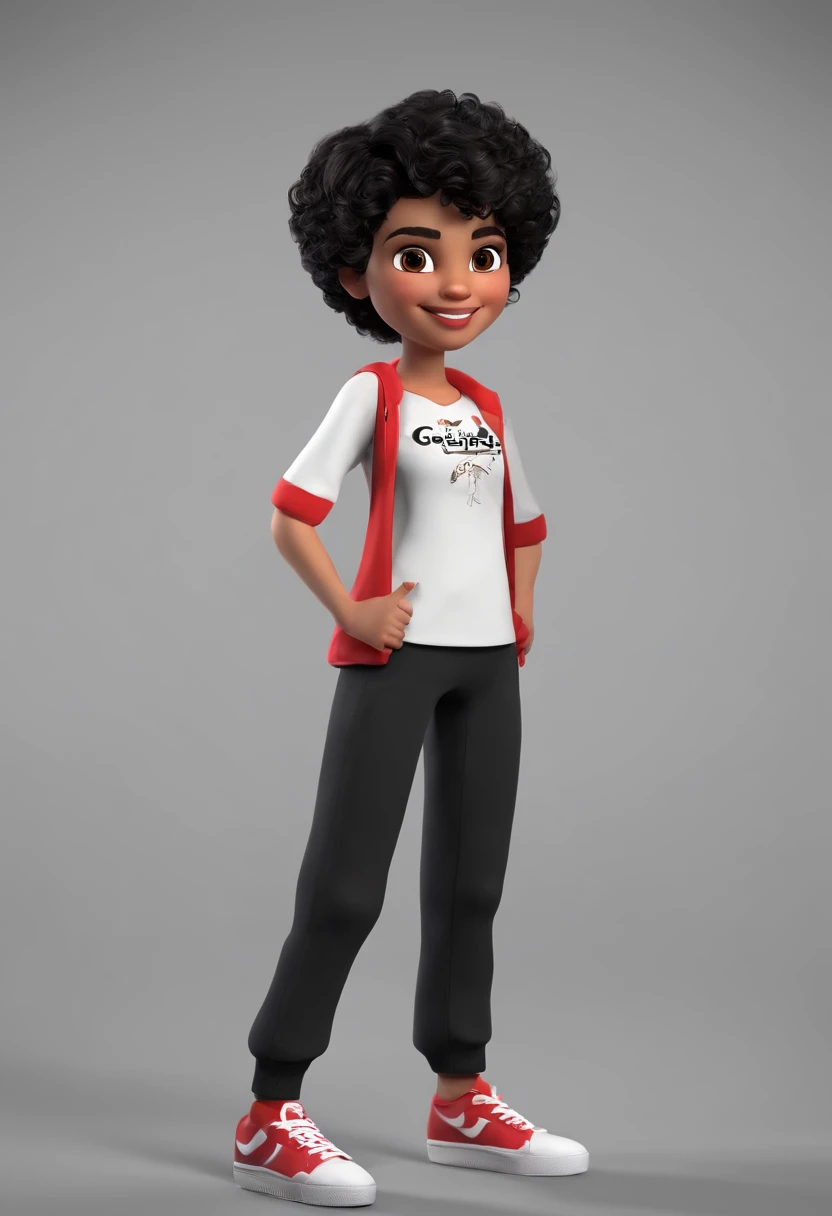 a happy cute teen standing short curly black hair, Wearing a gamer blouse with a pair of black pants , , fundo branco, dark , tom, Estilo Pixar, ..3d, desenhos animados, rosto detalhado, asymmetrical 16k