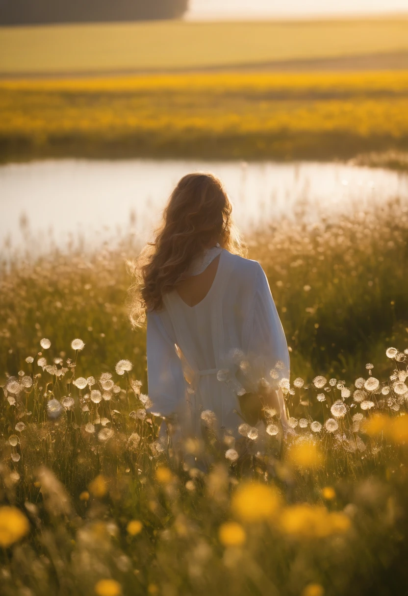 (zh-CN) Terra, morning dew, Campo de trigo cozido ao sol, dandelions in bloom, (1 menino), um grande rosto sorridente sob o sol brilhante, wearing light cotton clothing, camisa azul, gentil e natural.