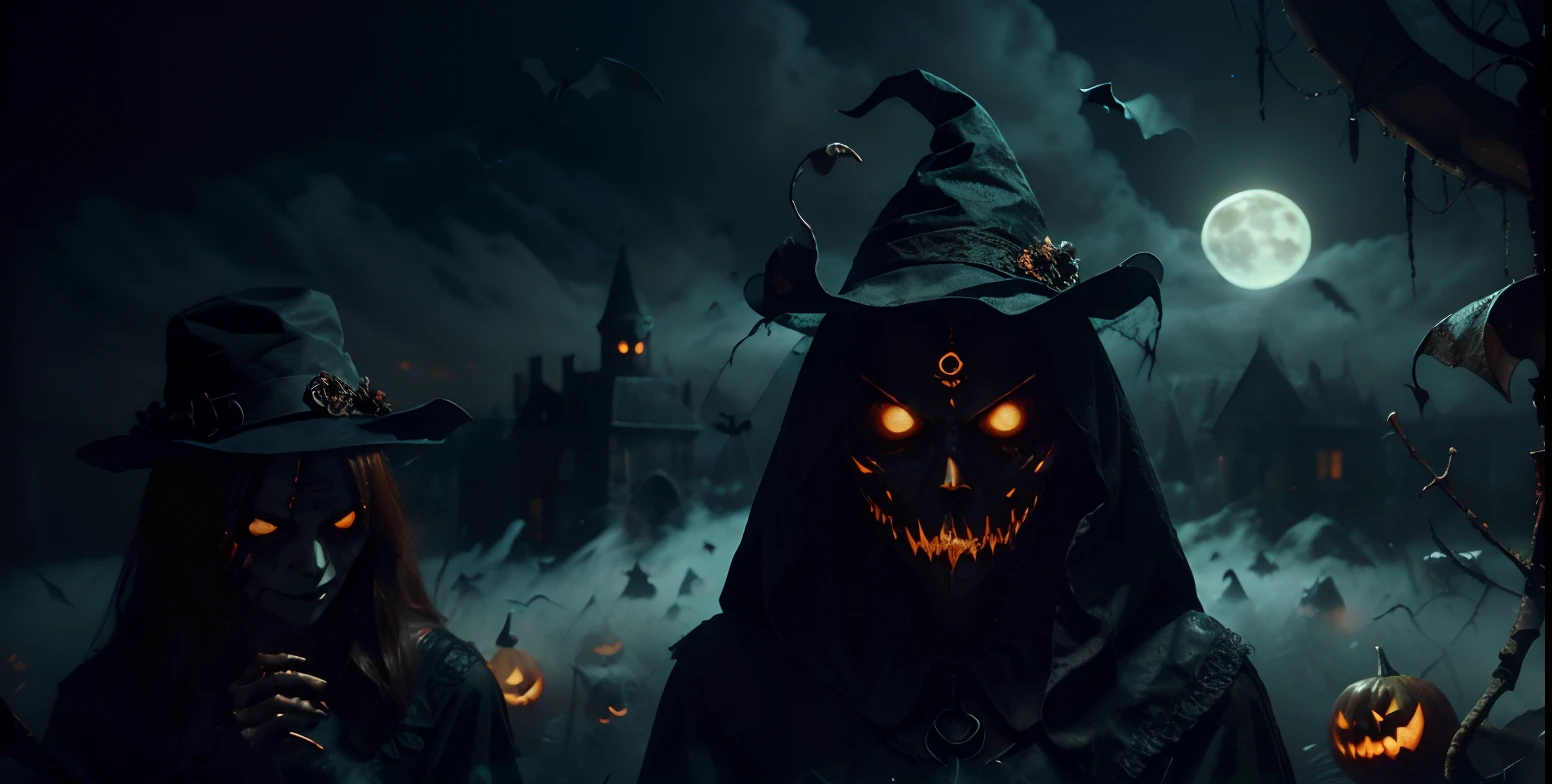 (best quality,highres:1.2),dark and eerie Halloween atmosphere,spooky haunted mansion,full moon shining,vivid orange and black colors,bats flying through the night sky,creepy mist and fog,Jack-o'-lanterns glowing,witches and ghosts lurking in the shadows,haunted trees with twisted branches,fallen leaves rustling on the ground,cackling sounds echoing,sinister figures wearing costumes,mysterious supernatural presence,horrifying night of fright