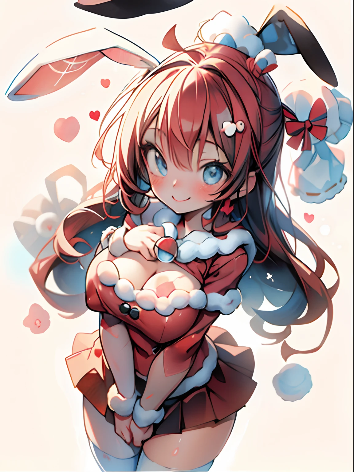 best qualtiy、tchibi、1girl in、Santa Claus Girl、santa claus、A smile、kawaii、kawaii eyes、big eye、Rabbit ears、Santa Clothes、Colossal tits、cleavage of the breast、micromini skirt、Watercolor style、