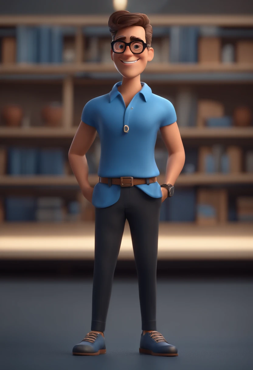 Cartoon character of a man with black glasses and a blue shirt, animation character, Caractere estilizado, animation style rendering, 3D estilizado, Arnold Maya render, 3 d render stylized, toon render keyshot, Personagem 3D, Personagem 3D, 3d rendering stylized, 3 d character render, personagem de desenho animado, Personagem de close up, Pose de personagem,  (Estilo Pixar) (master part:1.2) (Bokeh) (best quality) (pele detalhada) (textura detalhada) (8k) (argila) (Cinematic lighting) (foco nítido