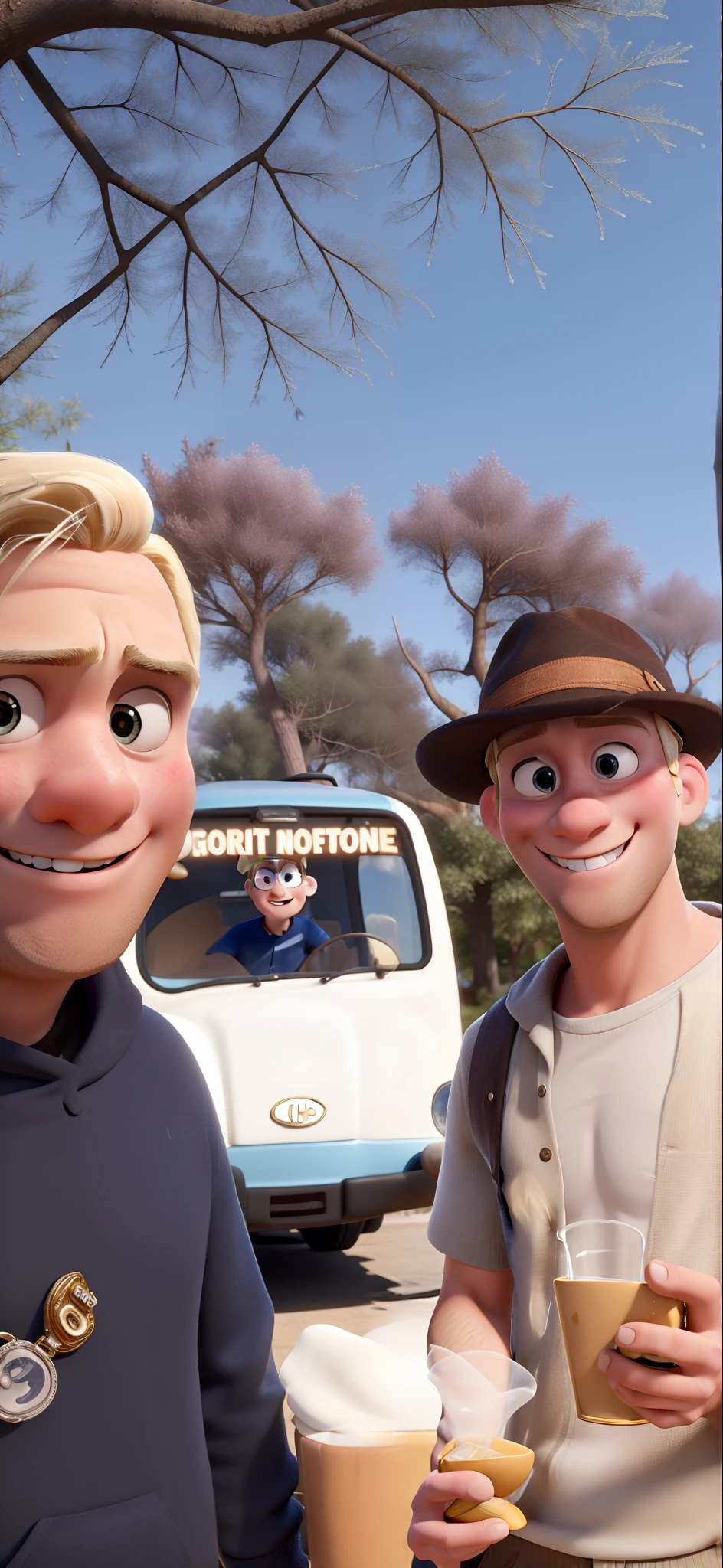 Estilo pixar, Blond man and another in hat, follow the same physical characteristics